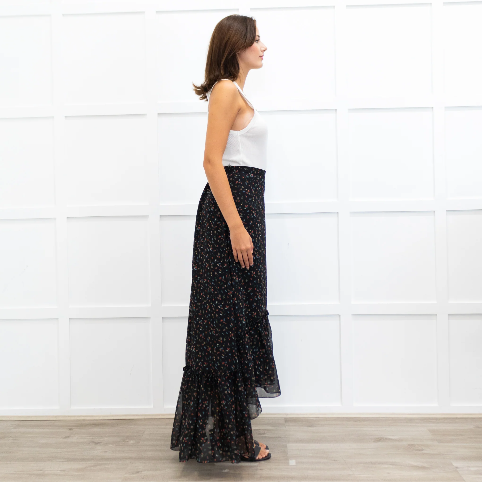 Mikael Aghal Black Crepe Asymmetric Floral Print Maxi Skirt - Image 7