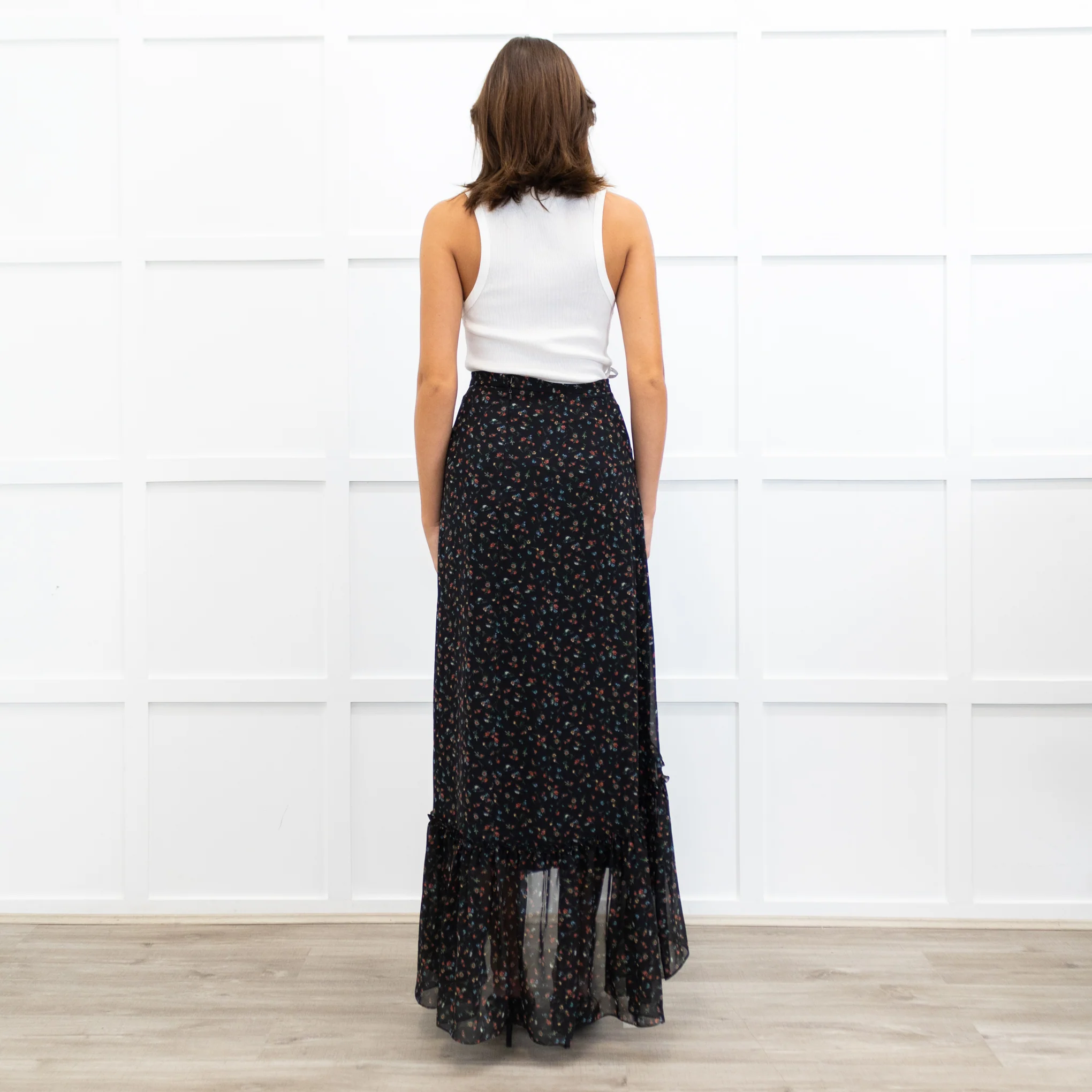 Mikael Aghal Black Crepe Asymmetric Floral Print Maxi Skirt - Image 8