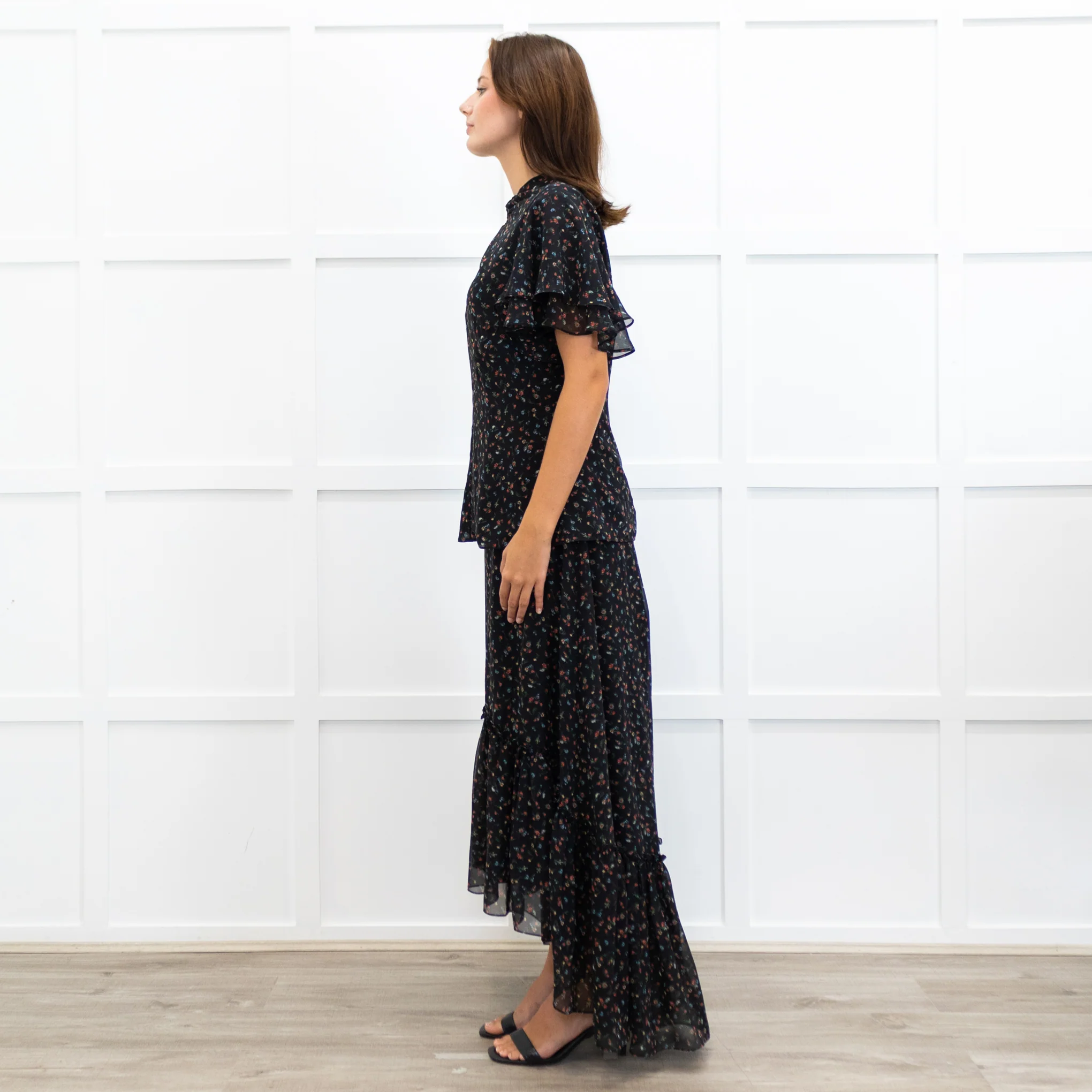 Mikael Aghal Black Floral Crepe Frill Sleeve Diamond Cut Out Top - Image 4