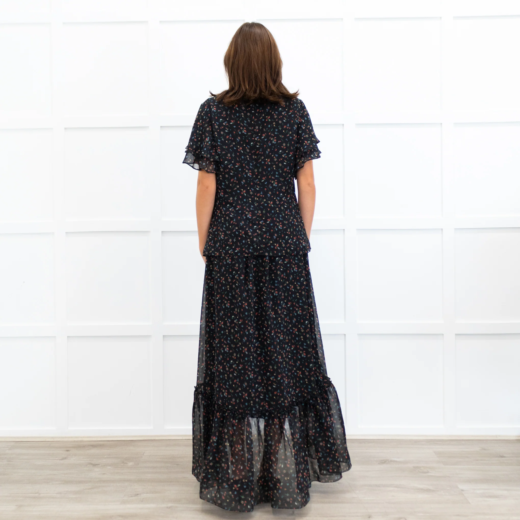 Mikael Aghal Black Floral Crepe Frill Sleeve Diamond Cut Out Top - Image 5