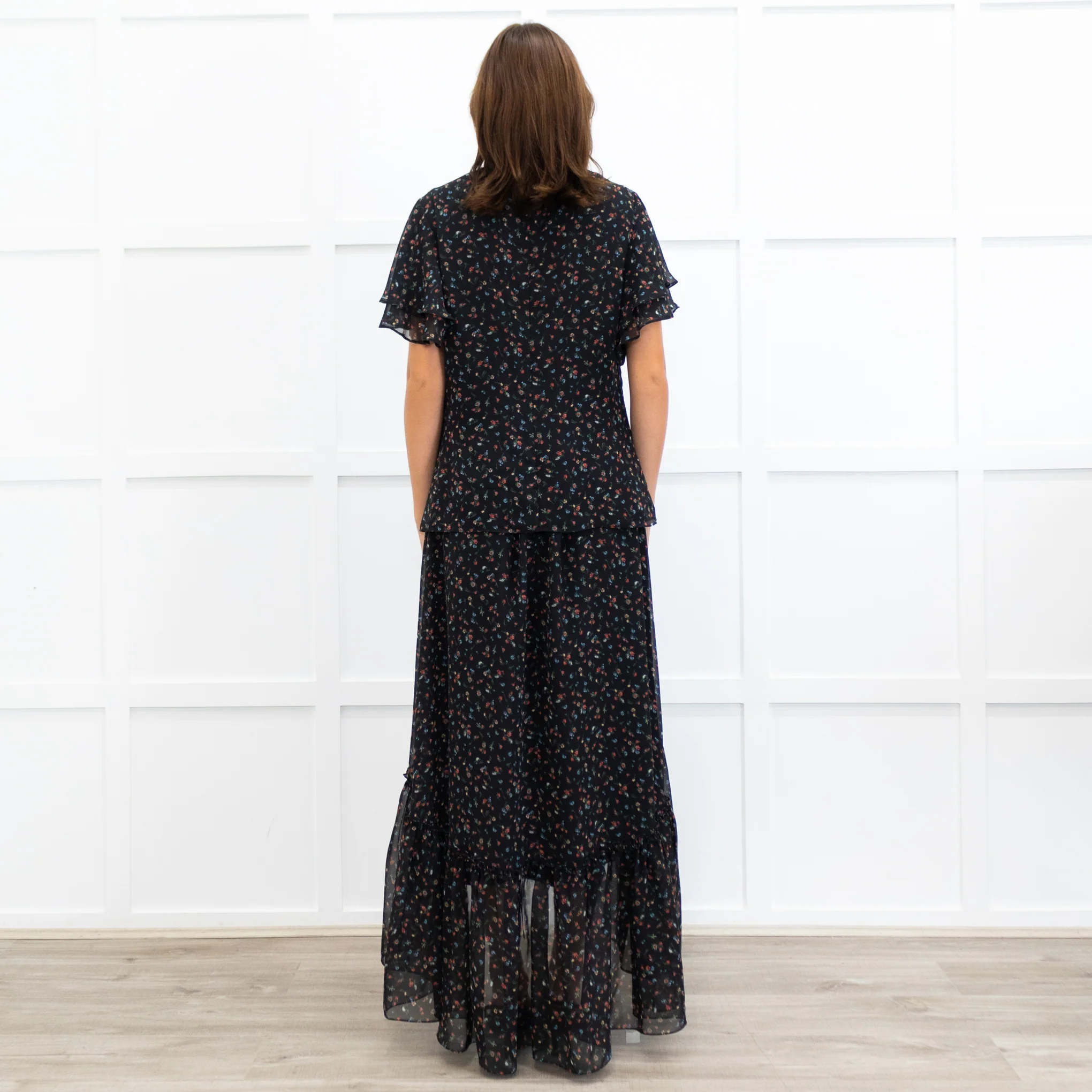 Mikael Aghal Black Floral Crepe Frill Sleeve Diamond Cut Out Top - Image 6