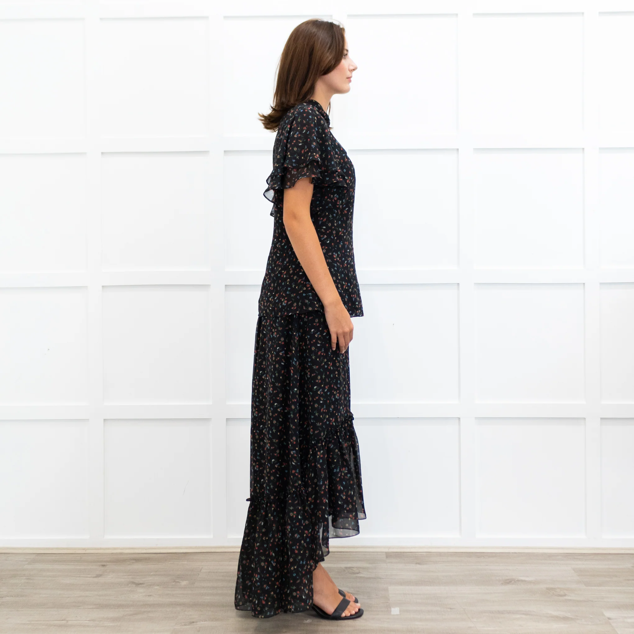 Mikael Aghal Black Floral Crepe Frill Sleeve Diamond Cut Out Top - Image 7