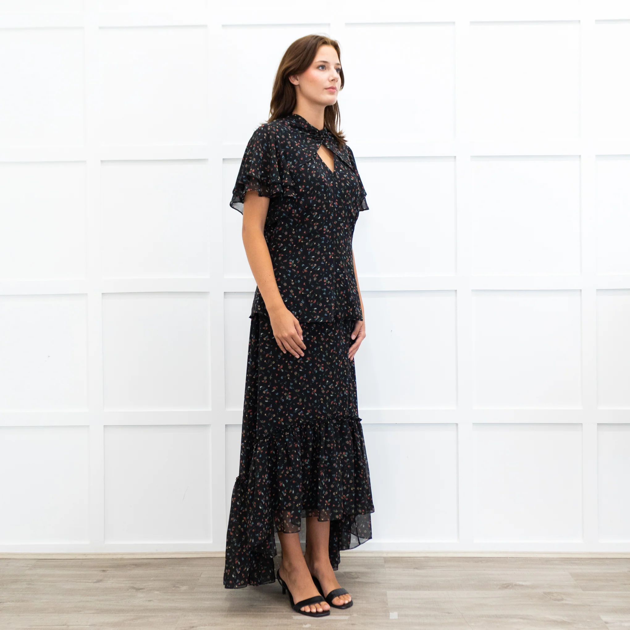 Mikael Aghal Black Floral Crepe Frill Sleeve Diamond Cut Out Top - Image 8
