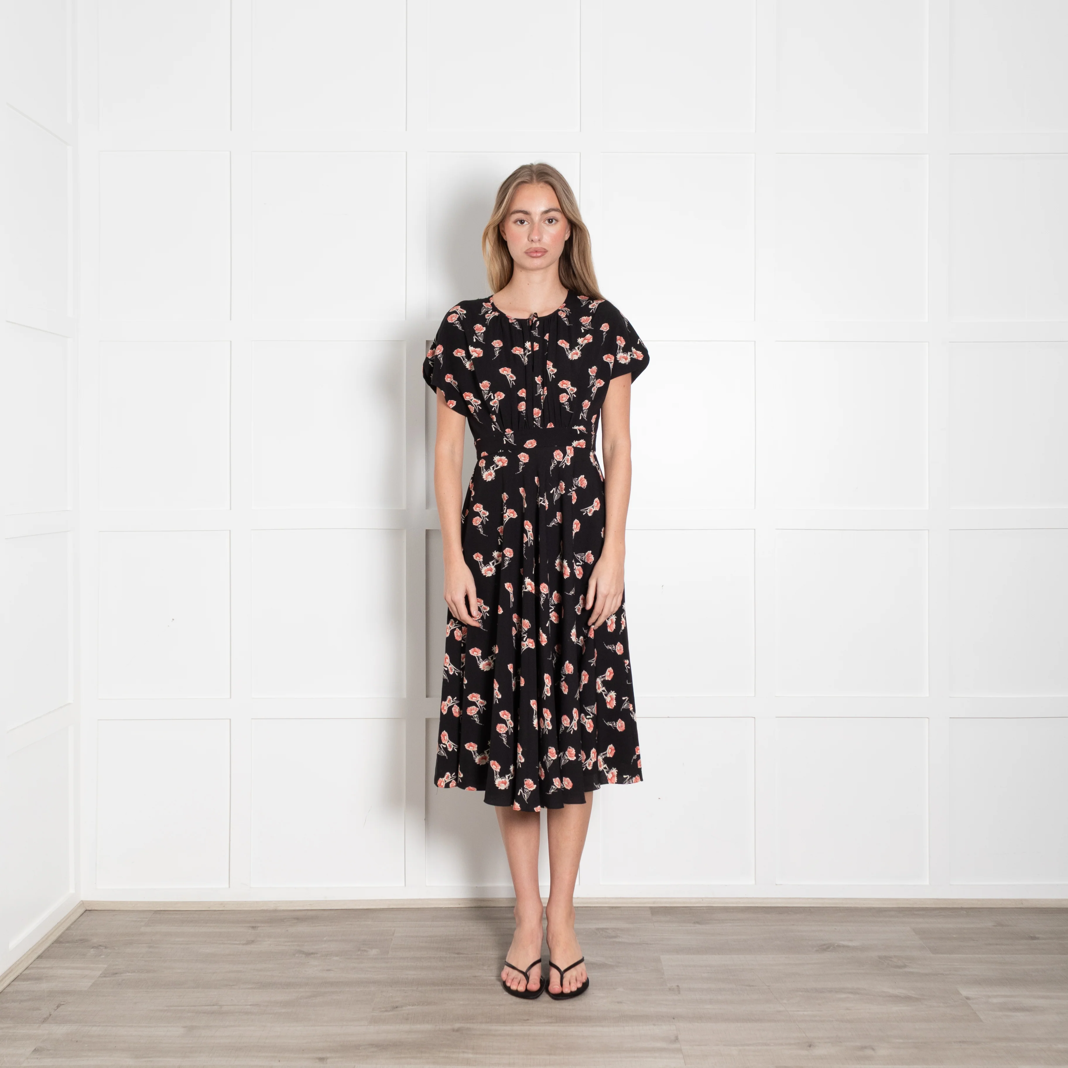 Mikael Aghal Black Orange Floral Sleeveless Midi Dress