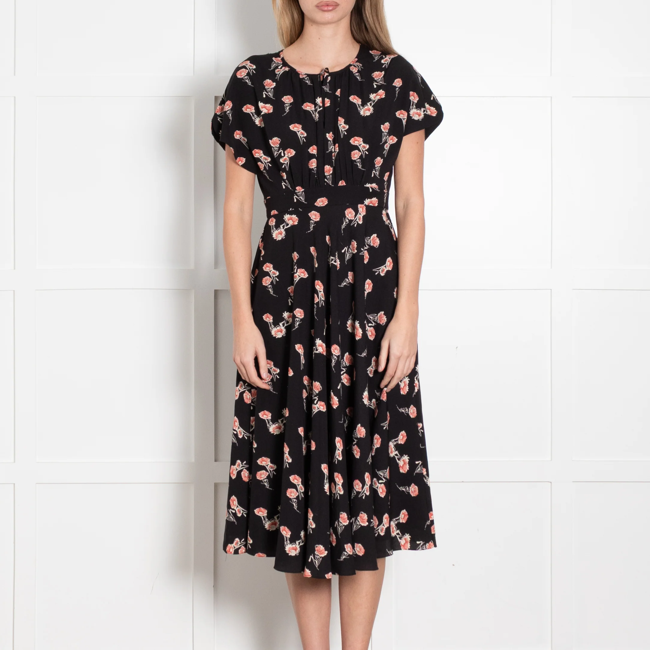 Mikael Aghal Black Orange Floral Sleeveless Midi Dress - Image 2