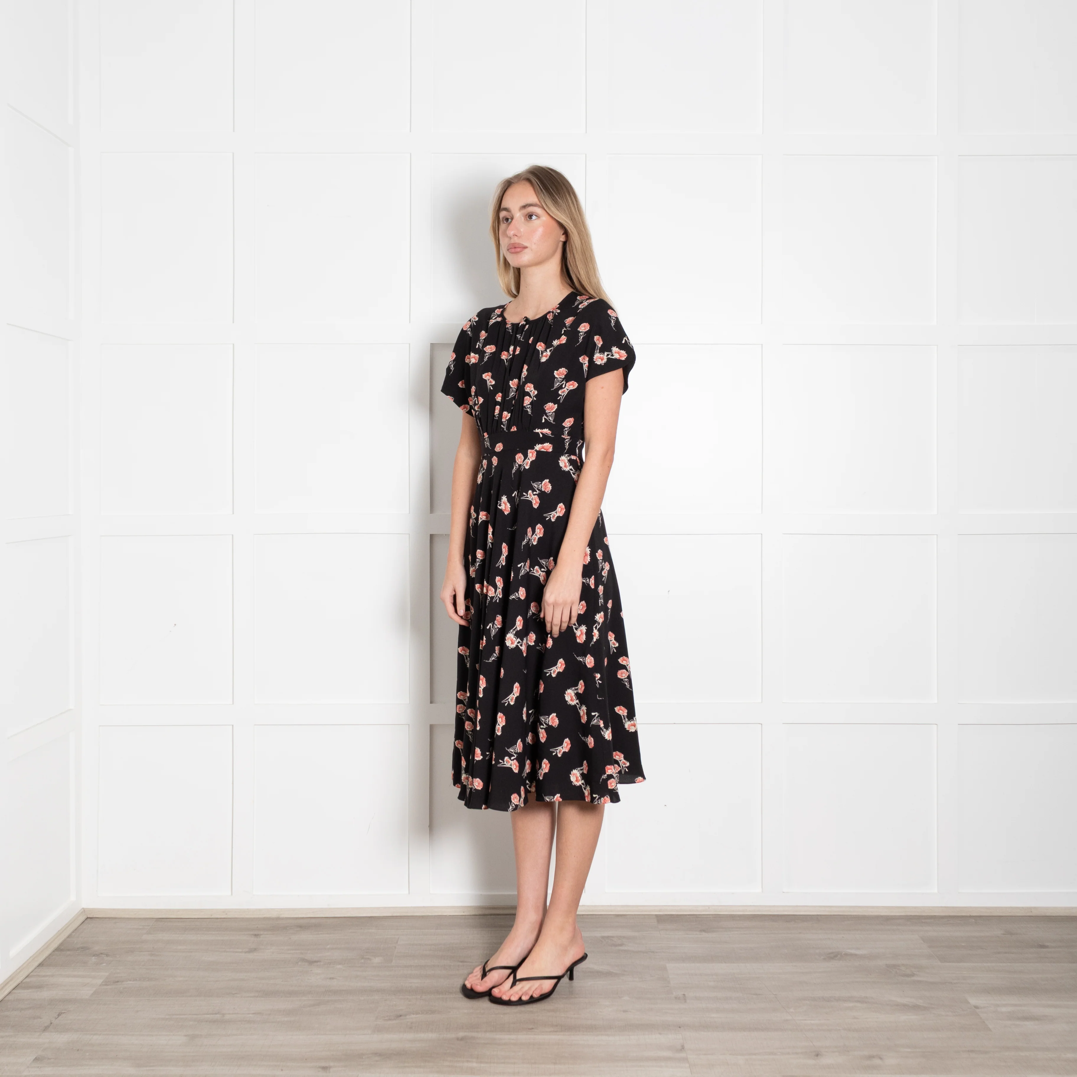 Mikael Aghal Black Orange Floral Sleeveless Midi Dress - Image 3