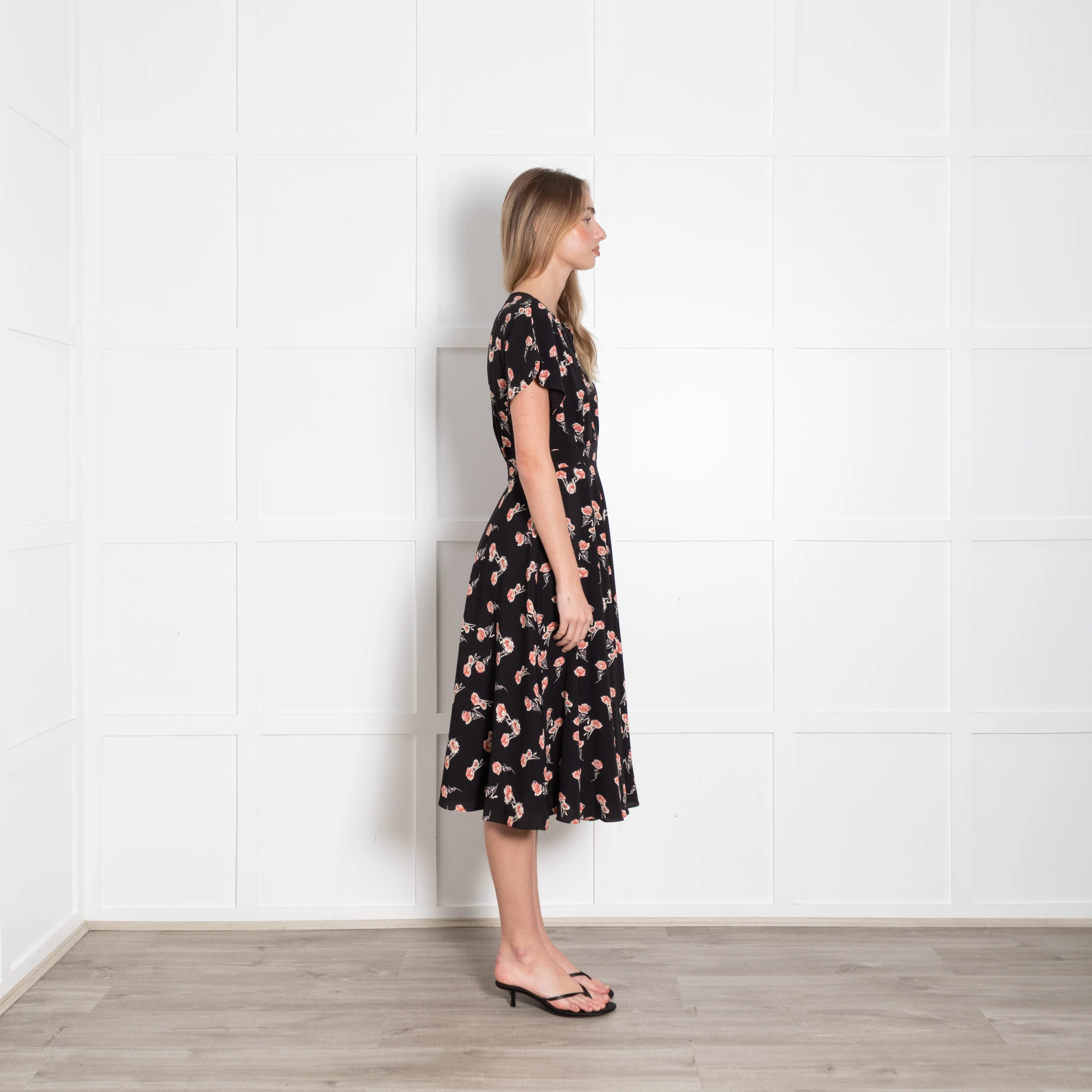 Mikael Aghal Black Orange Floral Sleeveless Midi Dress - Image 6