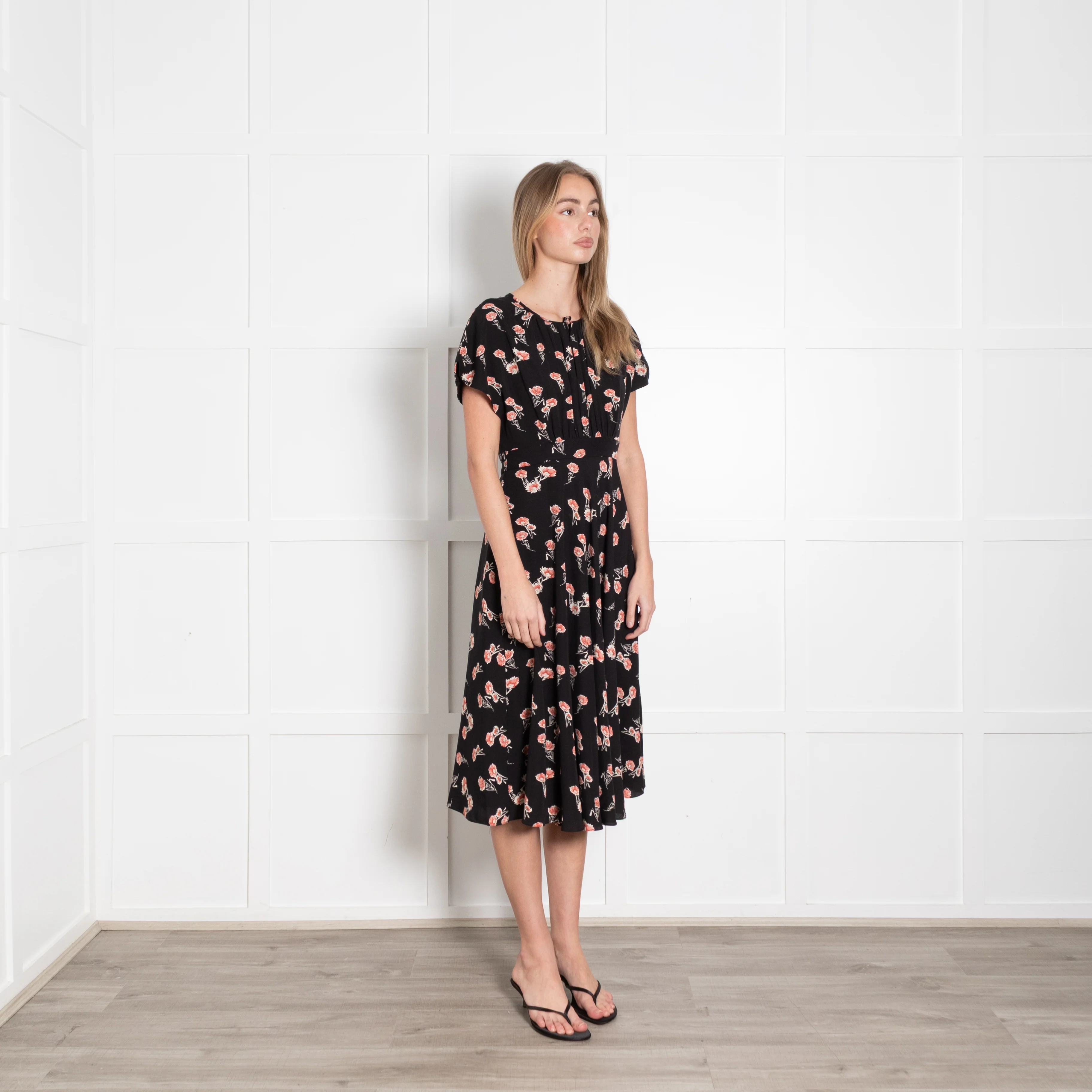 Mikael Aghal Black Orange Floral Sleeveless Midi Dress - Image 7