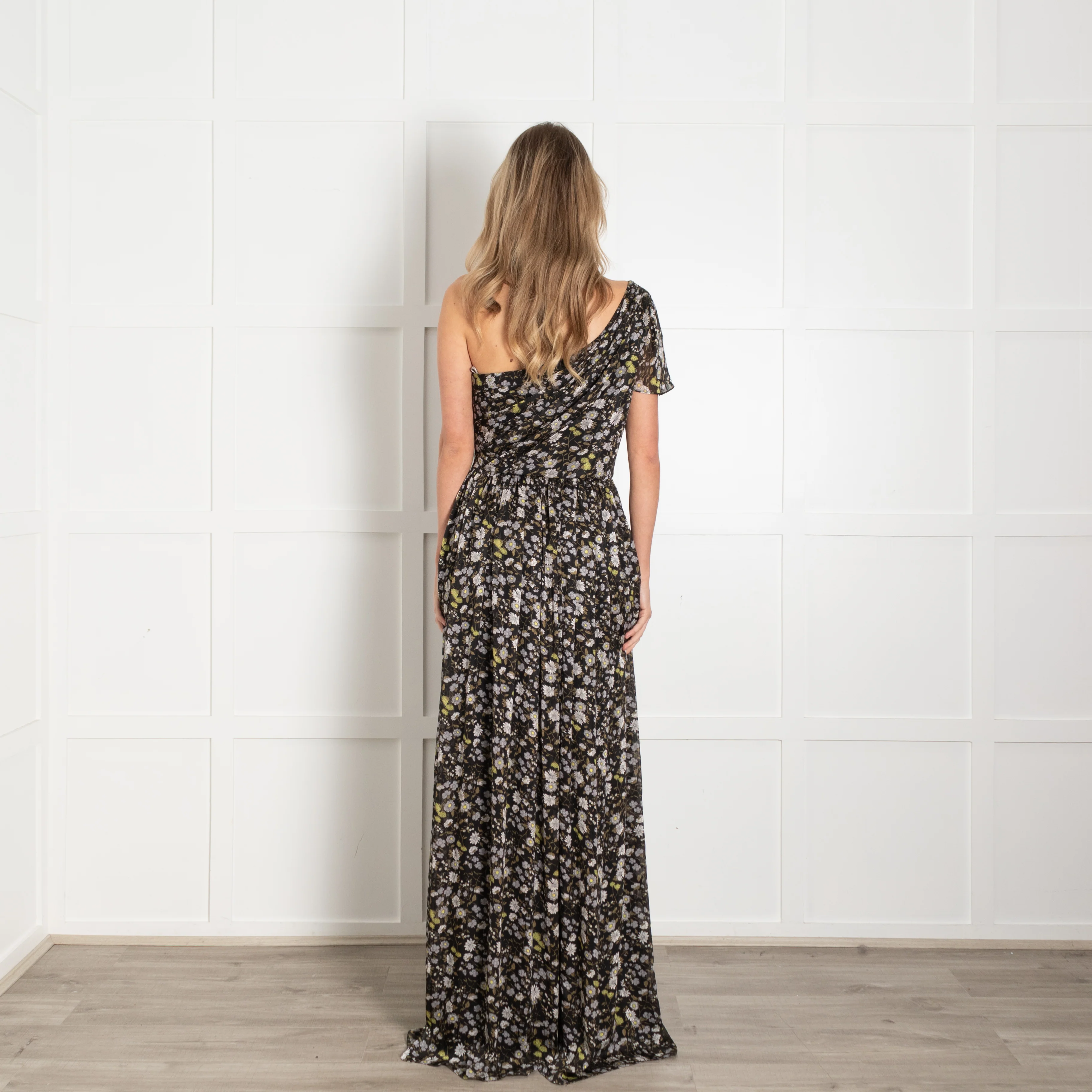 Mikael Aghal Black White Floral One Shoulder Maxi Gown - Image 6