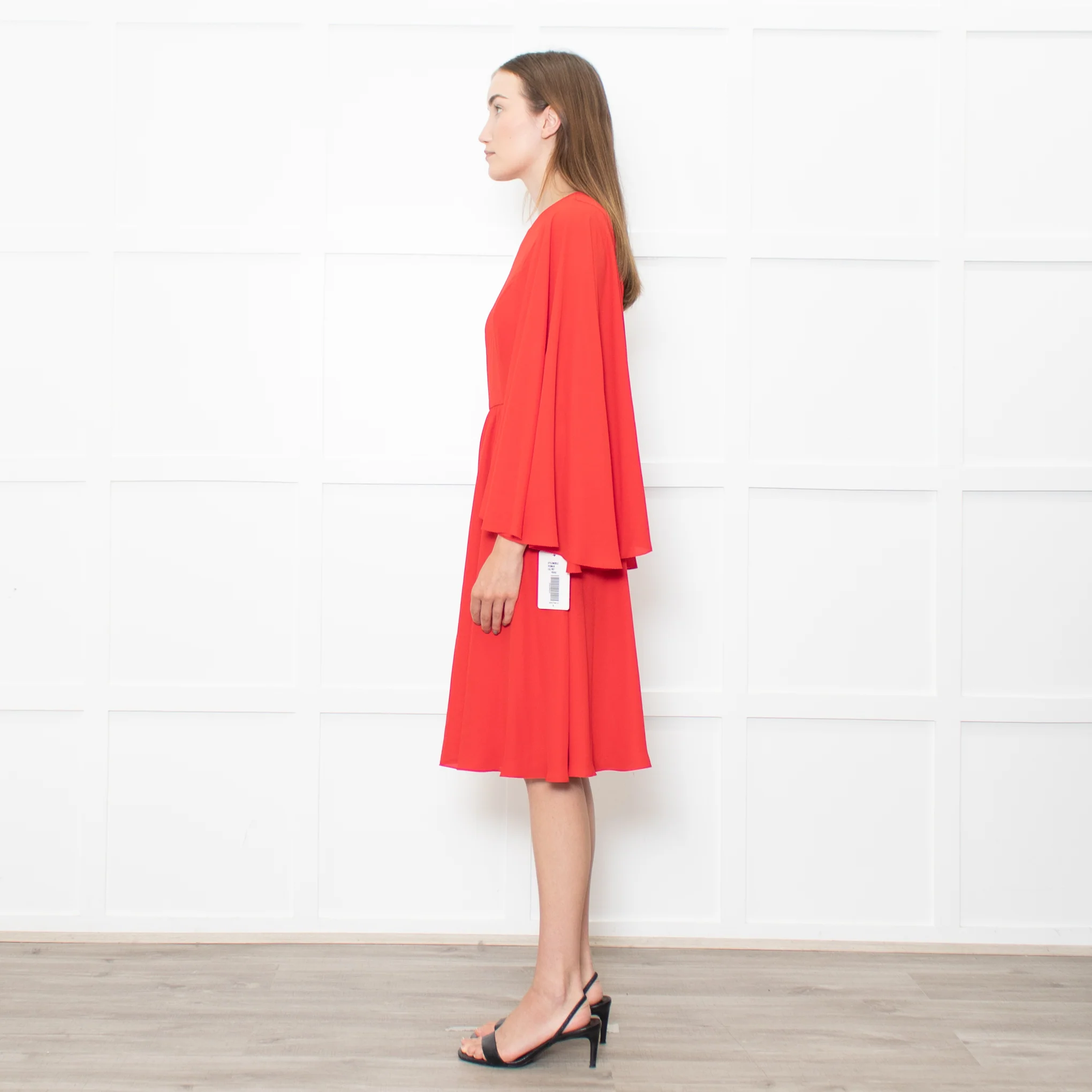 Mikael Aghal Red Fluted Sleeves Midi Dress - Image 4
