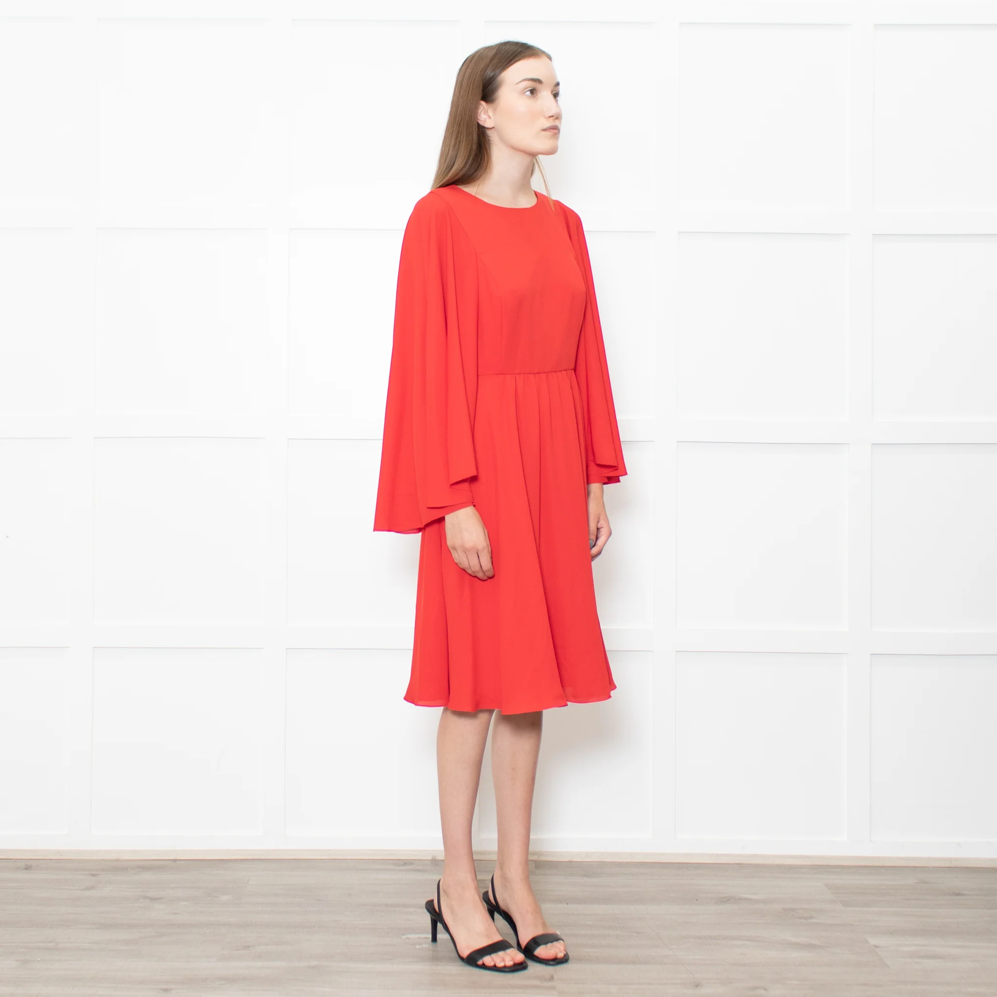 Mikael Aghal Red Fluted Sleeves Midi Dress - Image 7