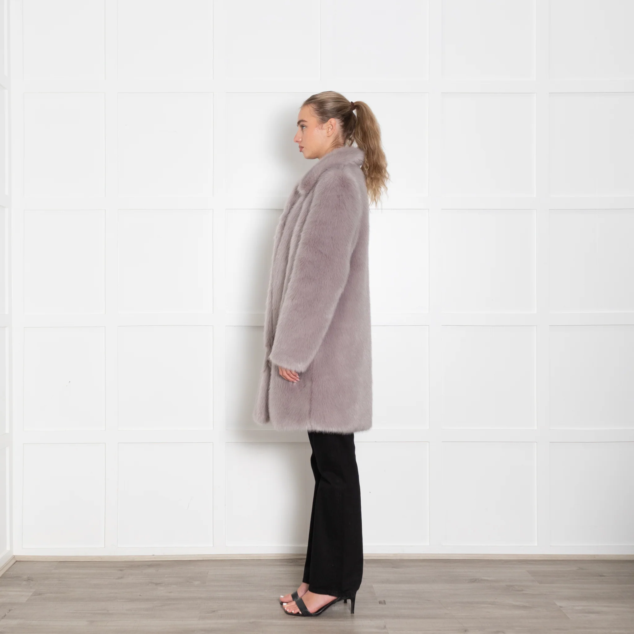 Miranda Dunn Pale Grey Fuax Fur Coat - Image 4