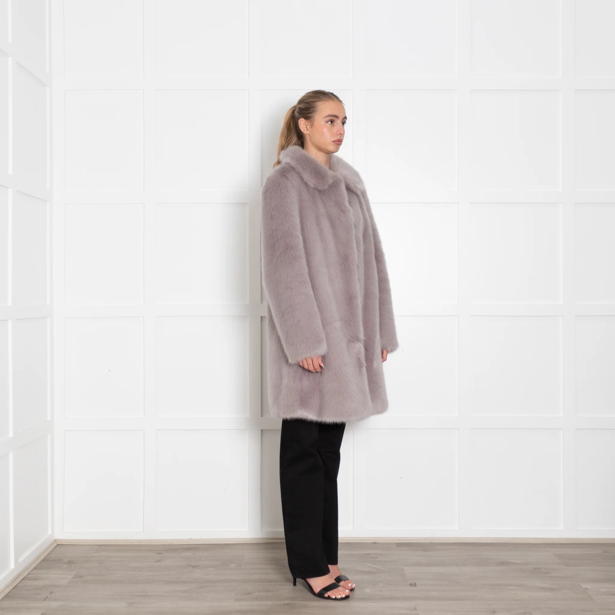 Miranda Dunn Pale Grey Fuax Fur Coat - Image 7