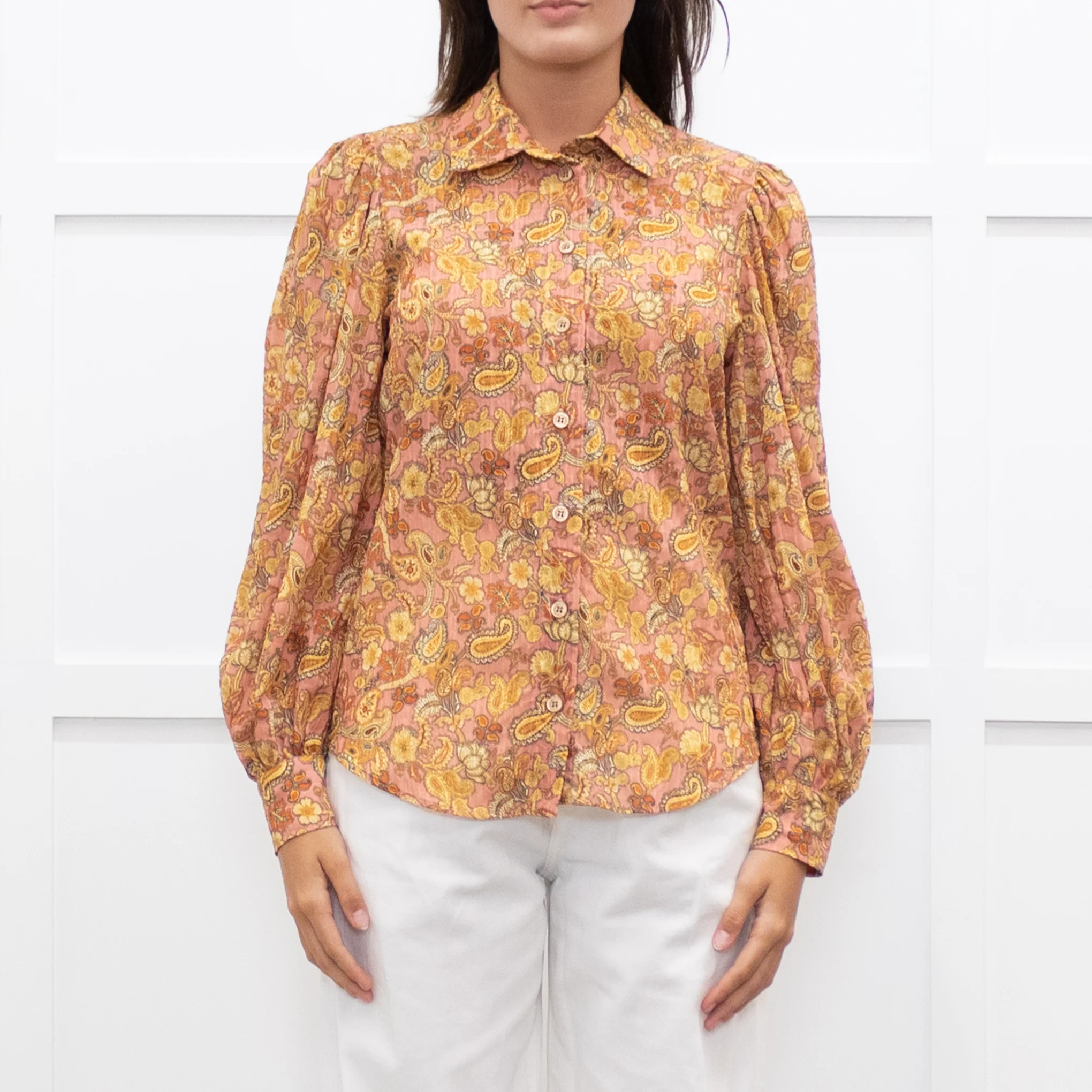Mirto Orange Paisley Print Long Sleeve Blouse - Image 2