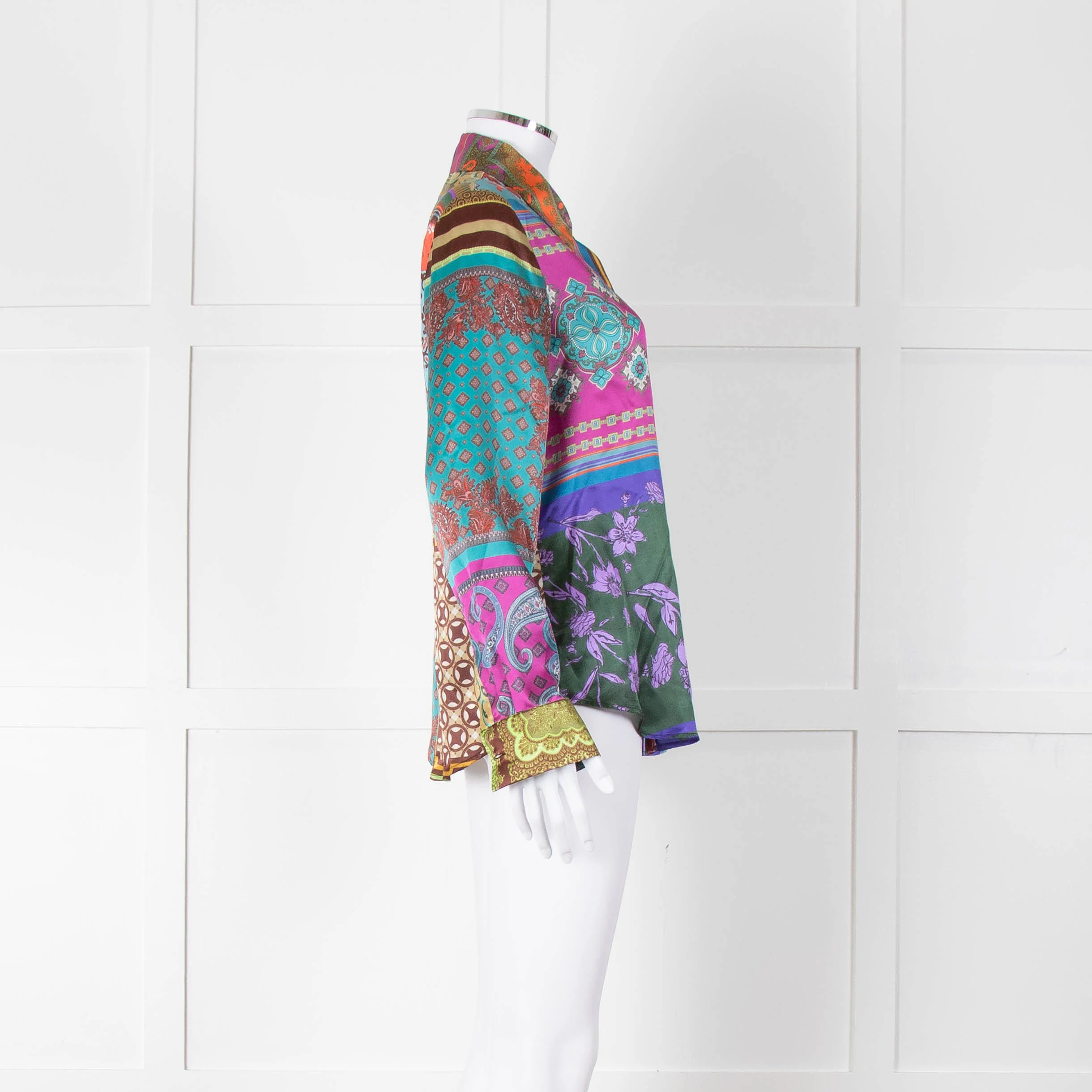 Mirto Patchwork Purple, Orange and Brown Silk Collared Shirt - Image 3
