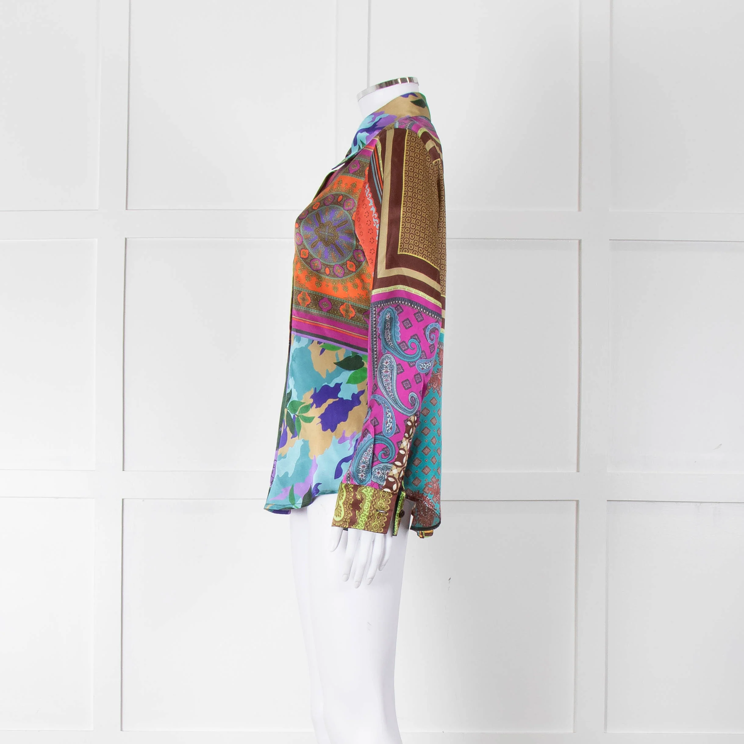 Mirto Patchwork Purple, Orange and Brown Silk Collared Shirt - Image 7