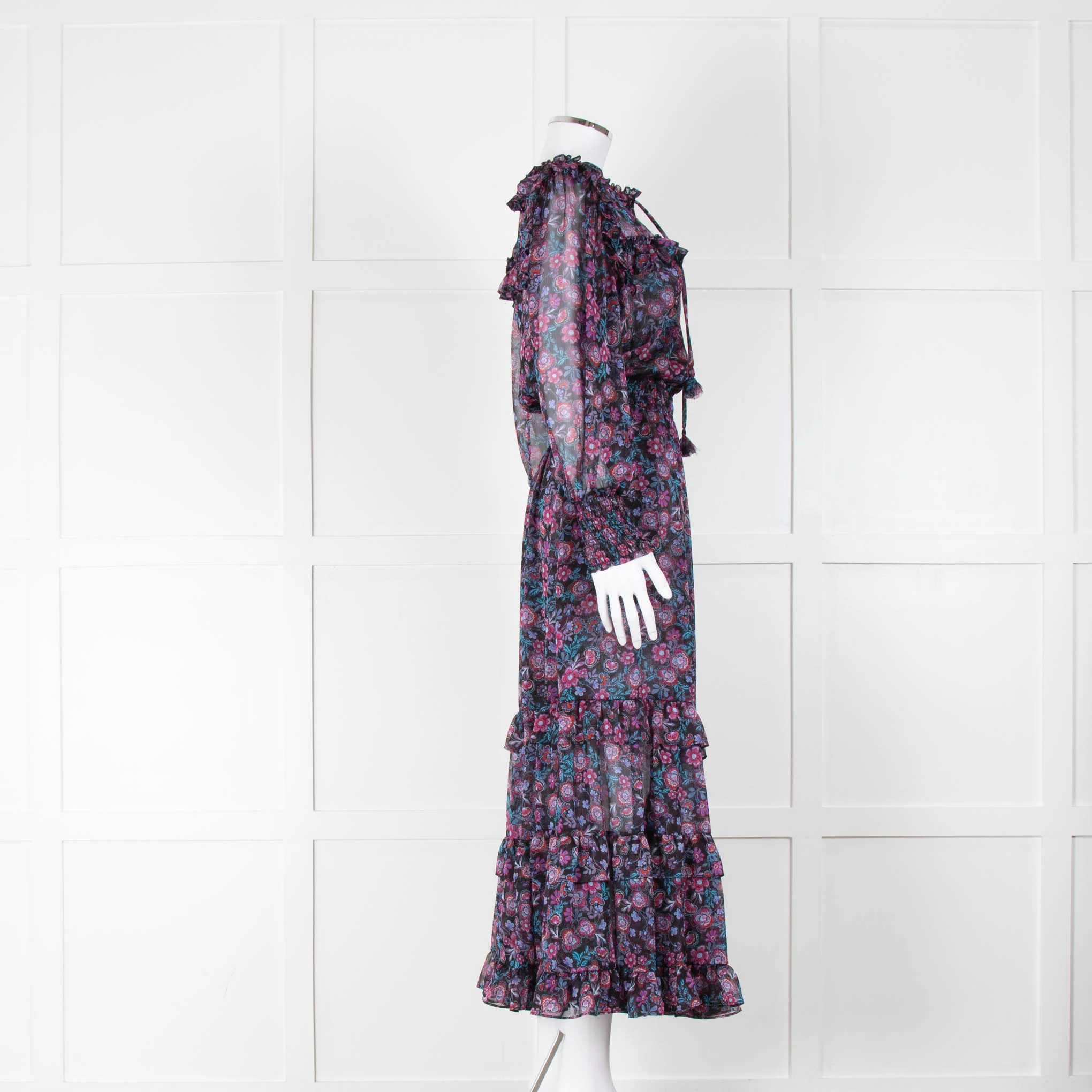 Misa Black Purple Floral Frill Trim Maxi Dress - Image 2