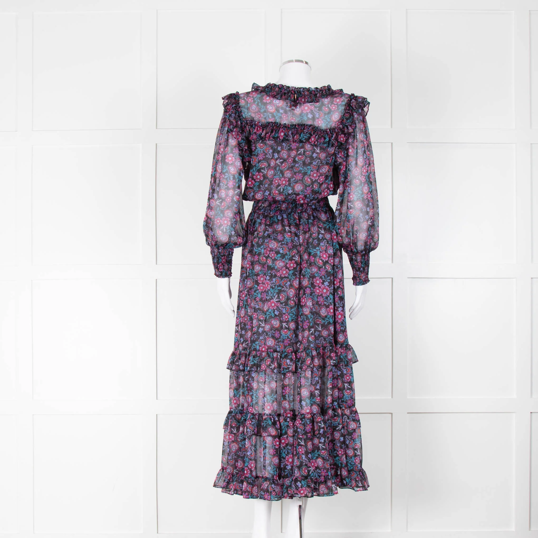 Misa Black Purple Floral Frill Trim Maxi Dress - Image 3