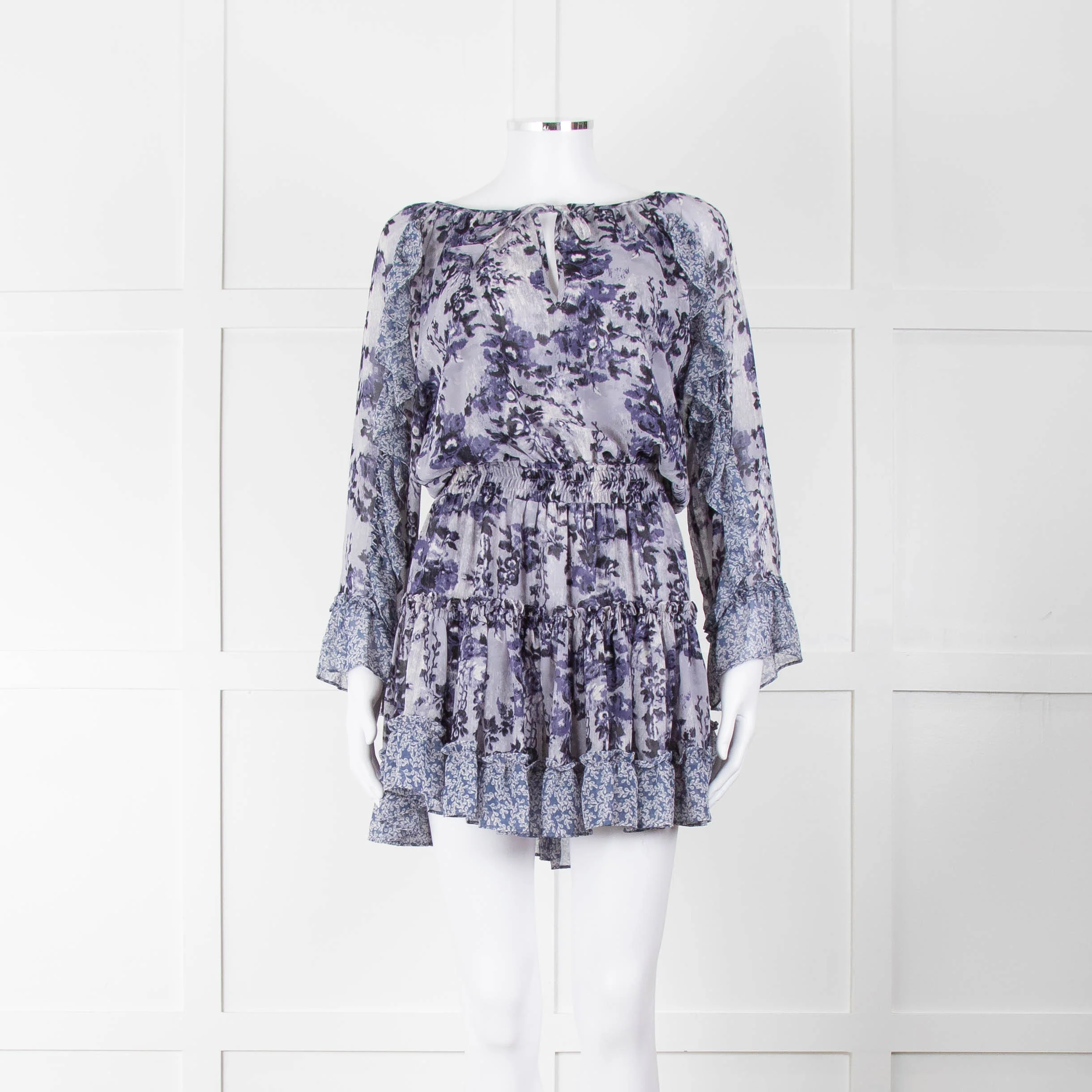Misa Blue Navy Floral Print Long Sleeve Ruffle Mini Dress