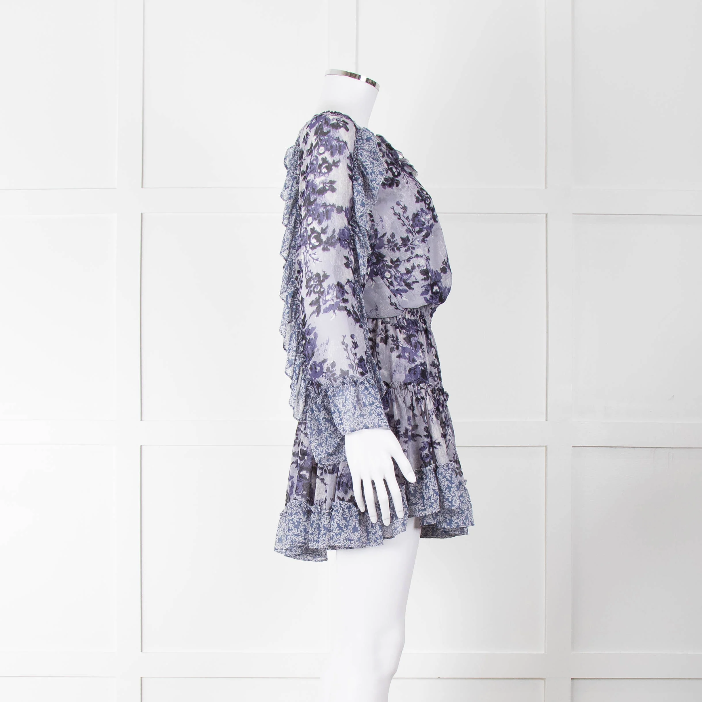 Misa Blue Navy Floral Print Long Sleeve Ruffle Mini Dress - Image 3