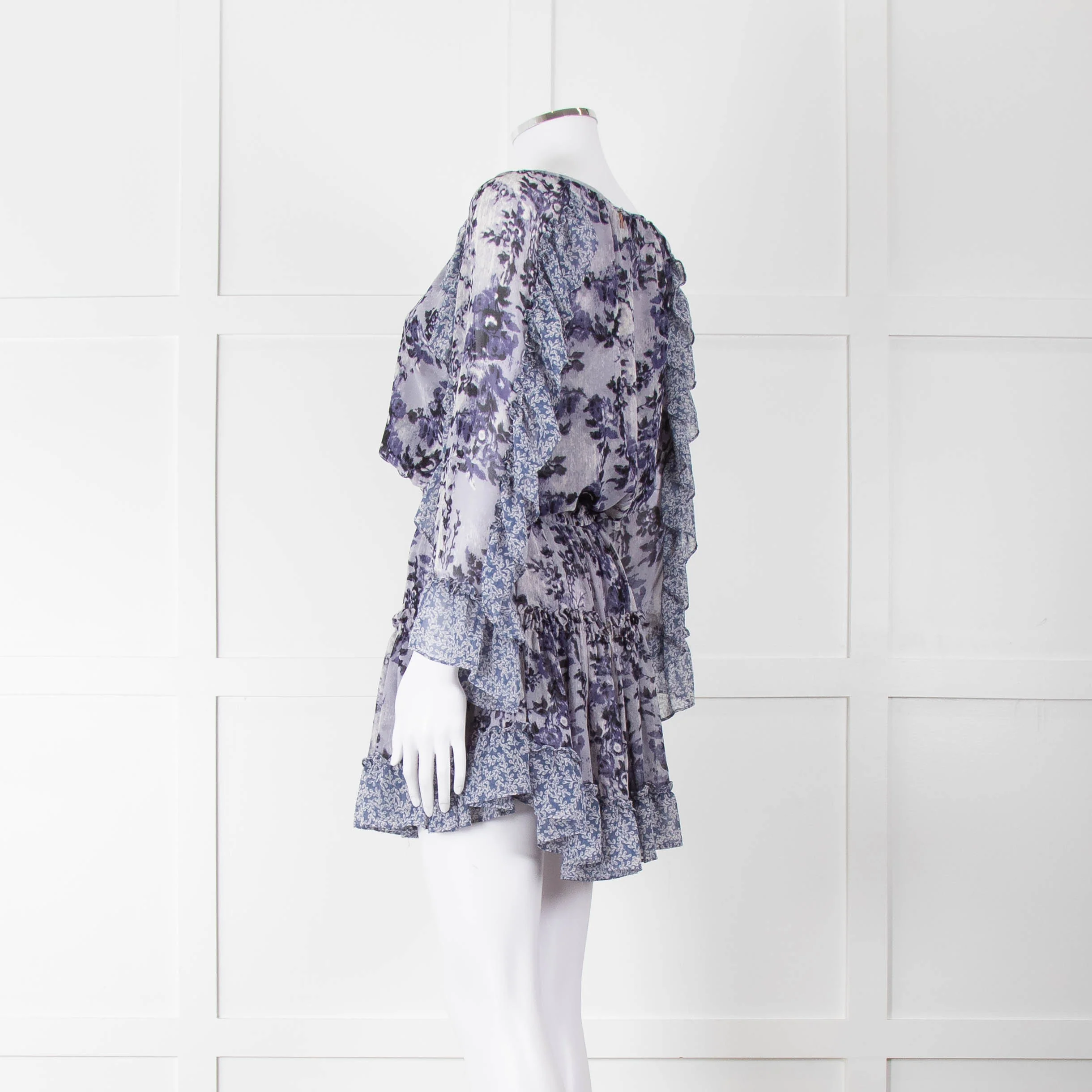 Misa Blue Navy Floral Print Long Sleeve Ruffle Mini Dress - Image 6
