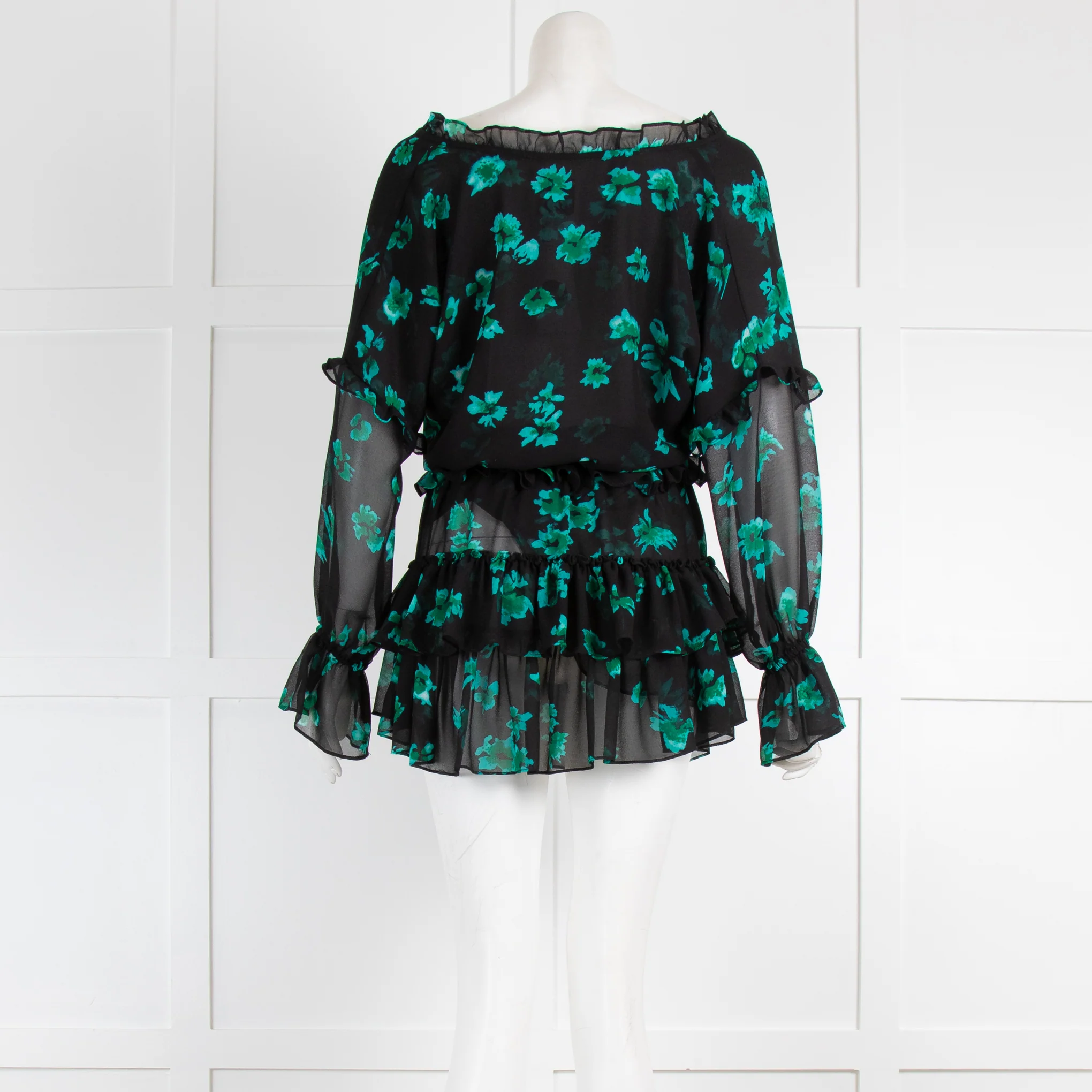 Misa Los Angeles Black and Green Floral Smock Waist Mini Dress - Image 3