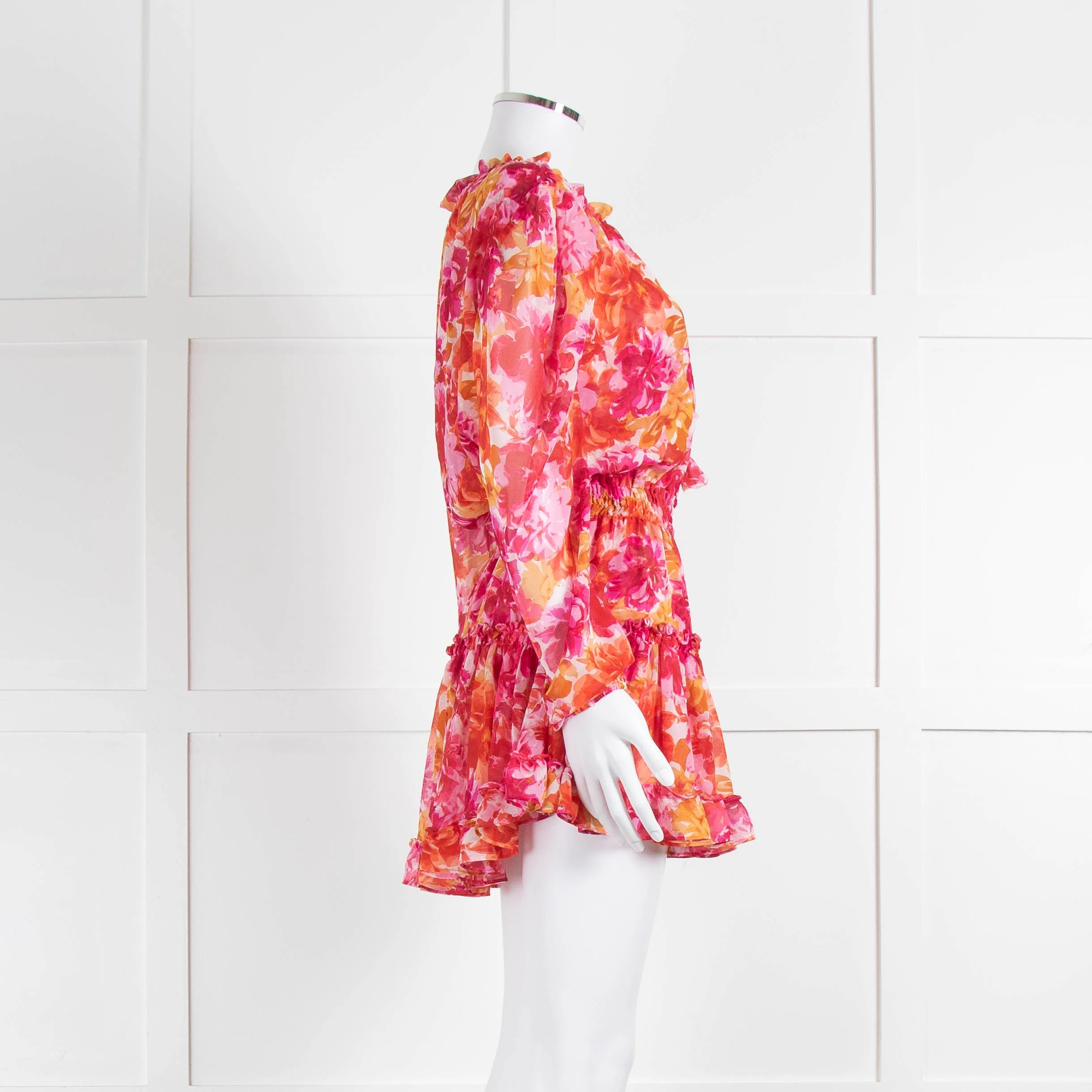 Misa Orange Fuchsia Flower Print Long Sleeve Mini Dress - Image 3