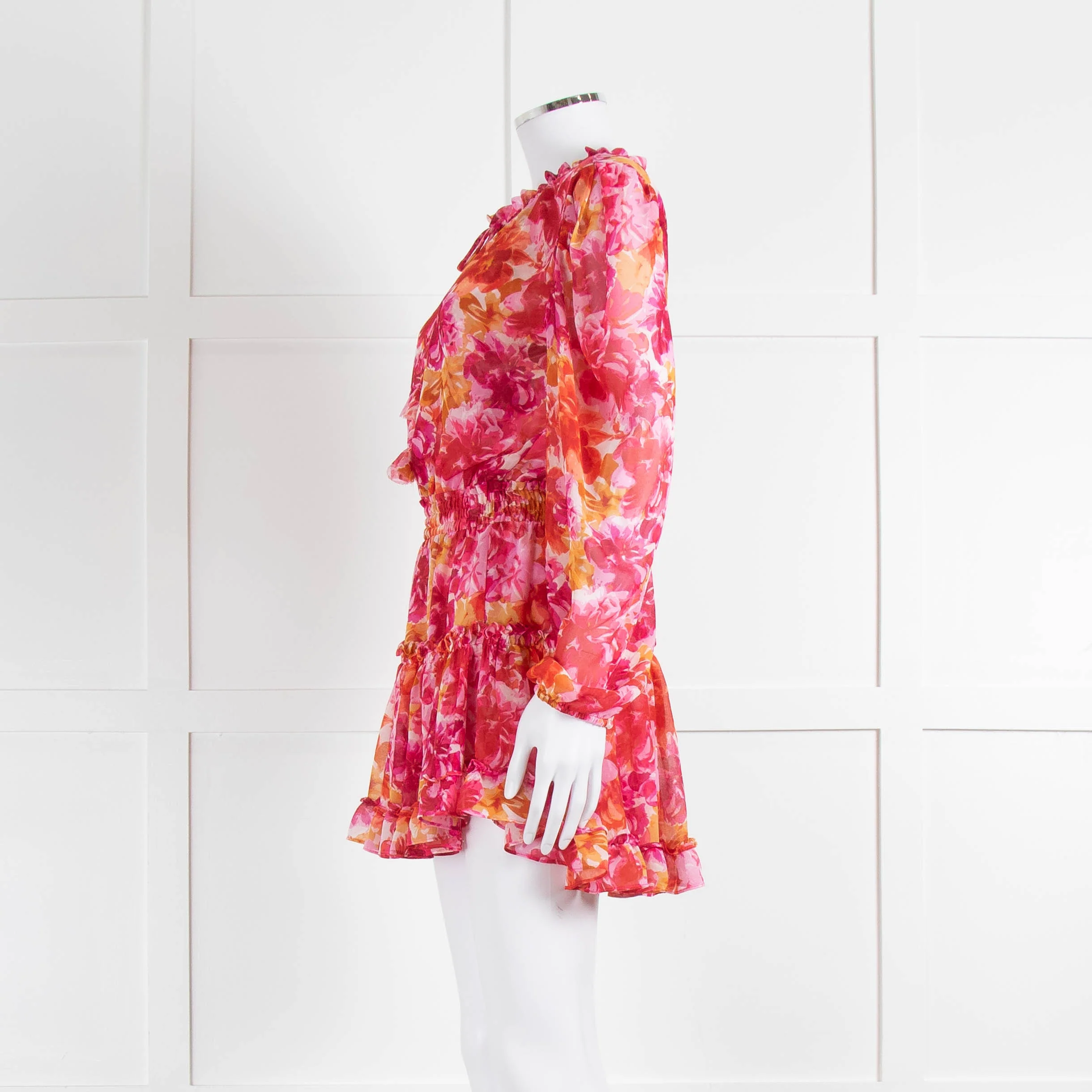 Misa Orange Fuchsia Flower Print Long Sleeve Mini Dress - Image 7