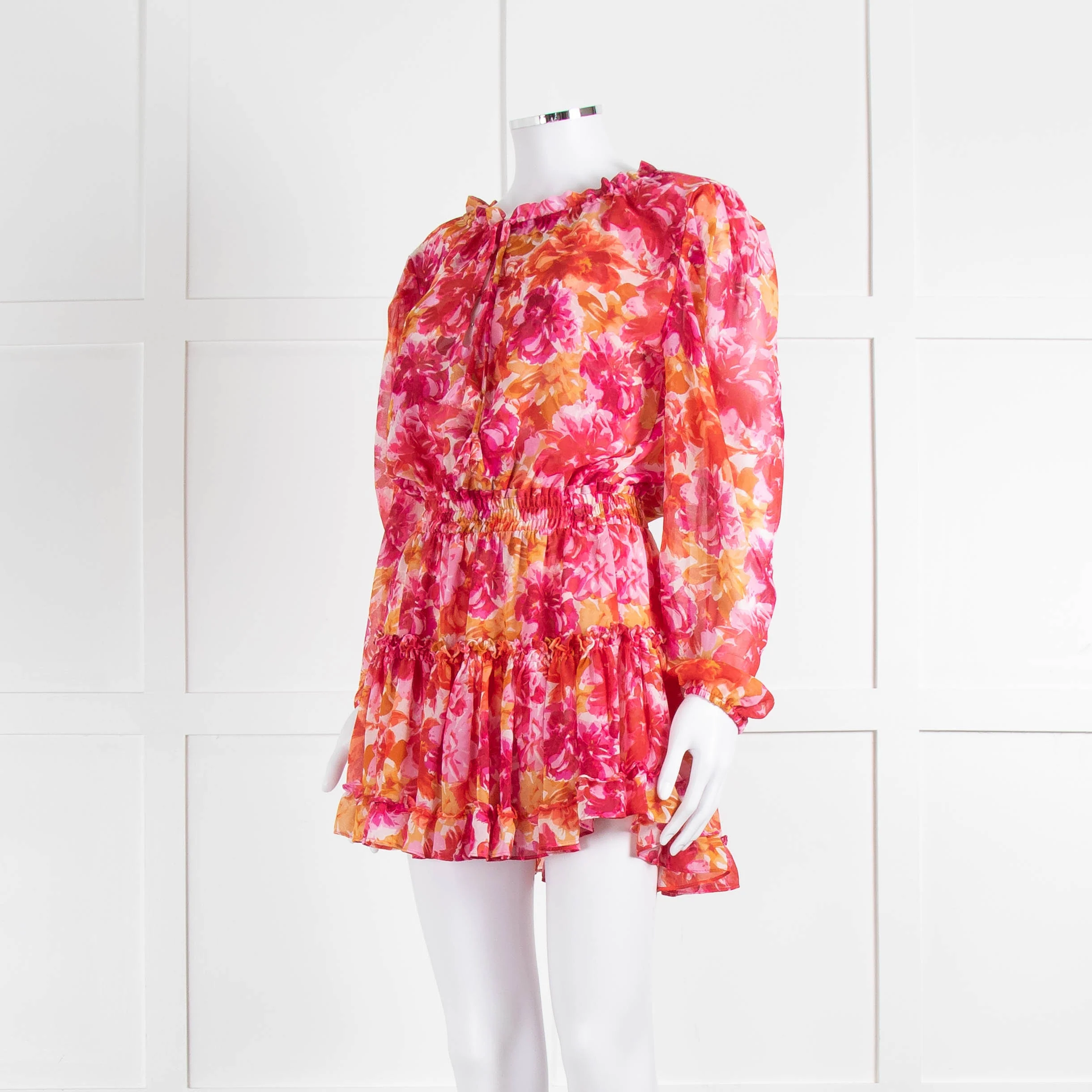 Misa Orange Fuchsia Flower Print Long Sleeve Mini Dress - Image 8
