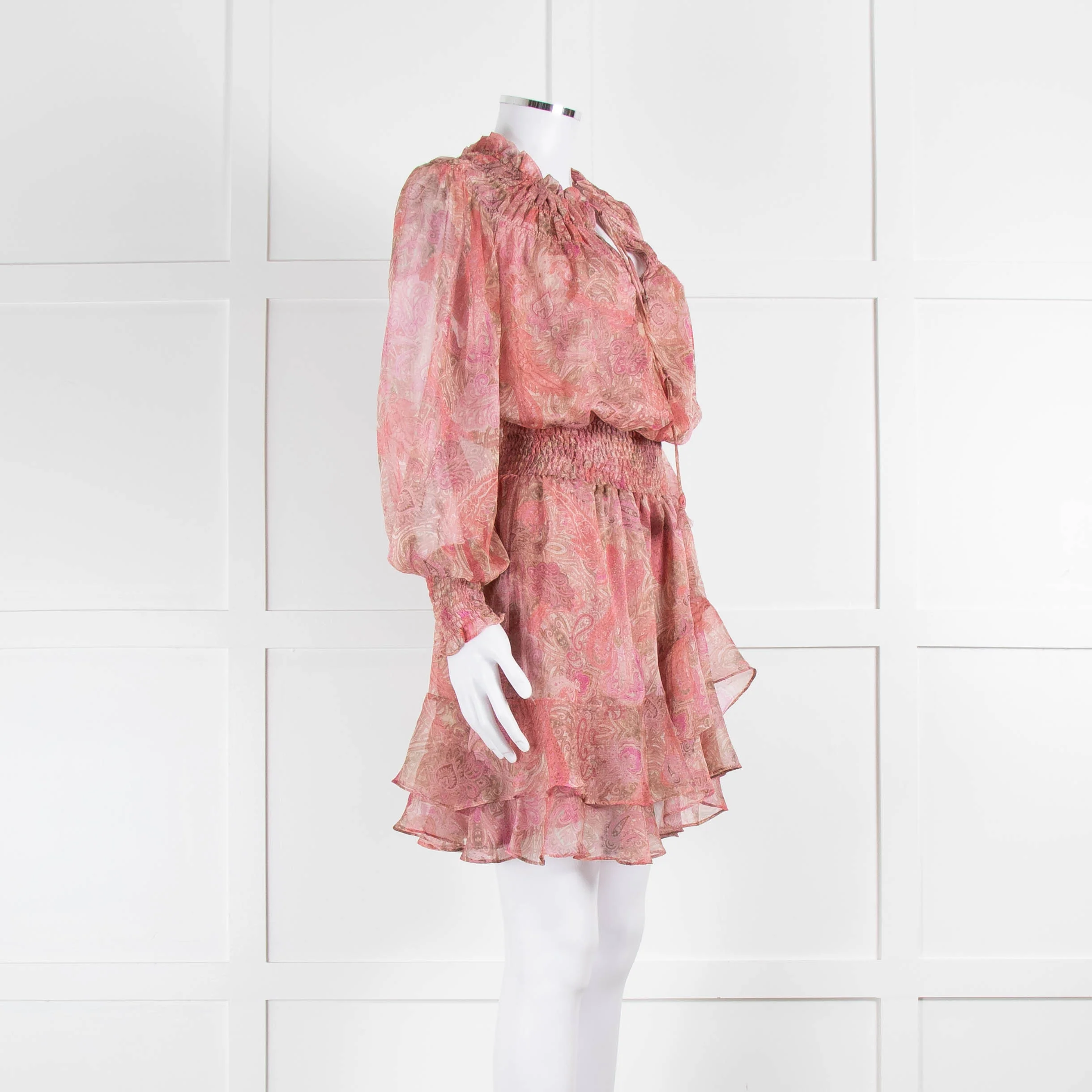 Misa Pink Peach Paisley Ruffle Hem Smocked Waist Mini Dress - Image 2