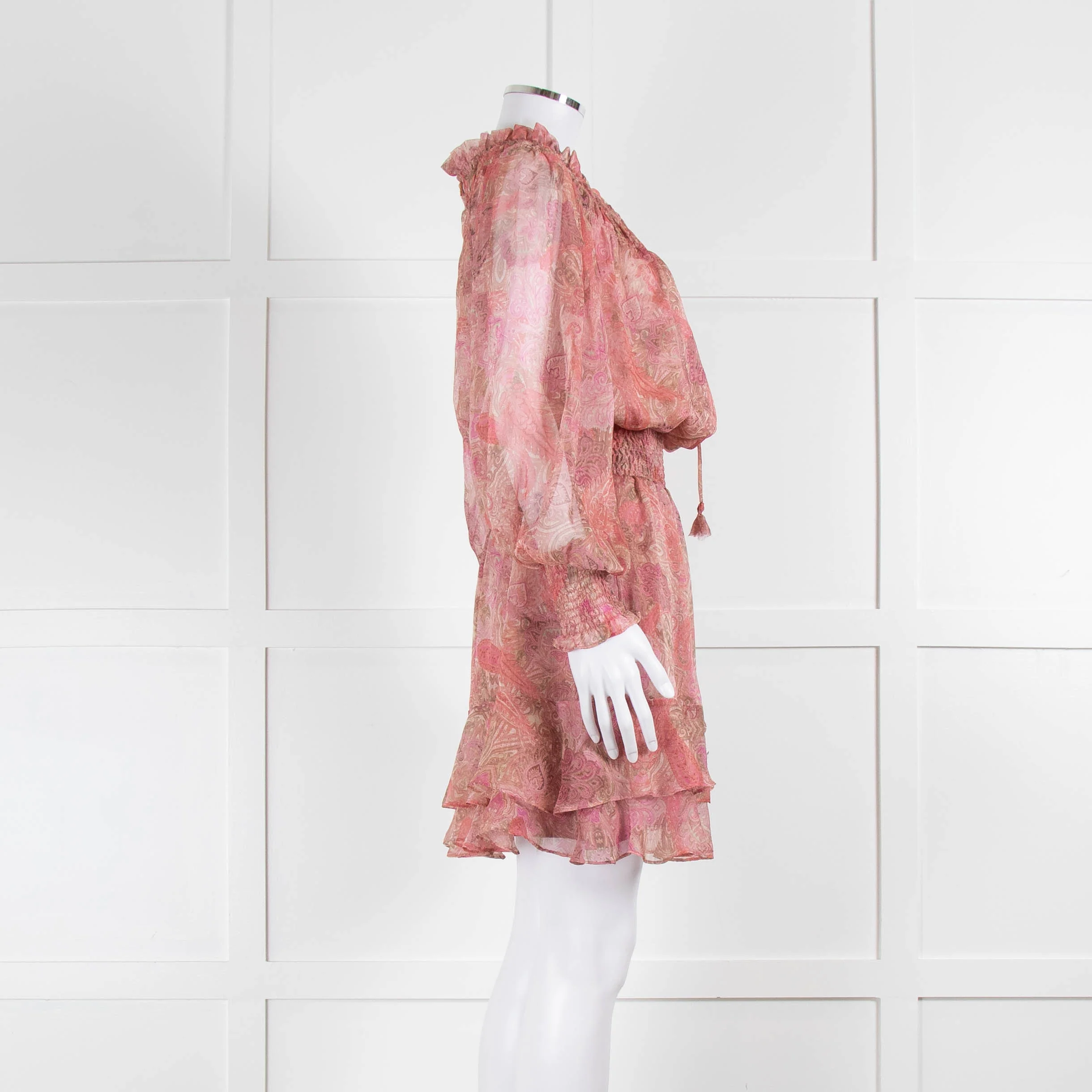 Misa Pink Peach Paisley Ruffle Hem Smocked Waist Mini Dress - Image 3