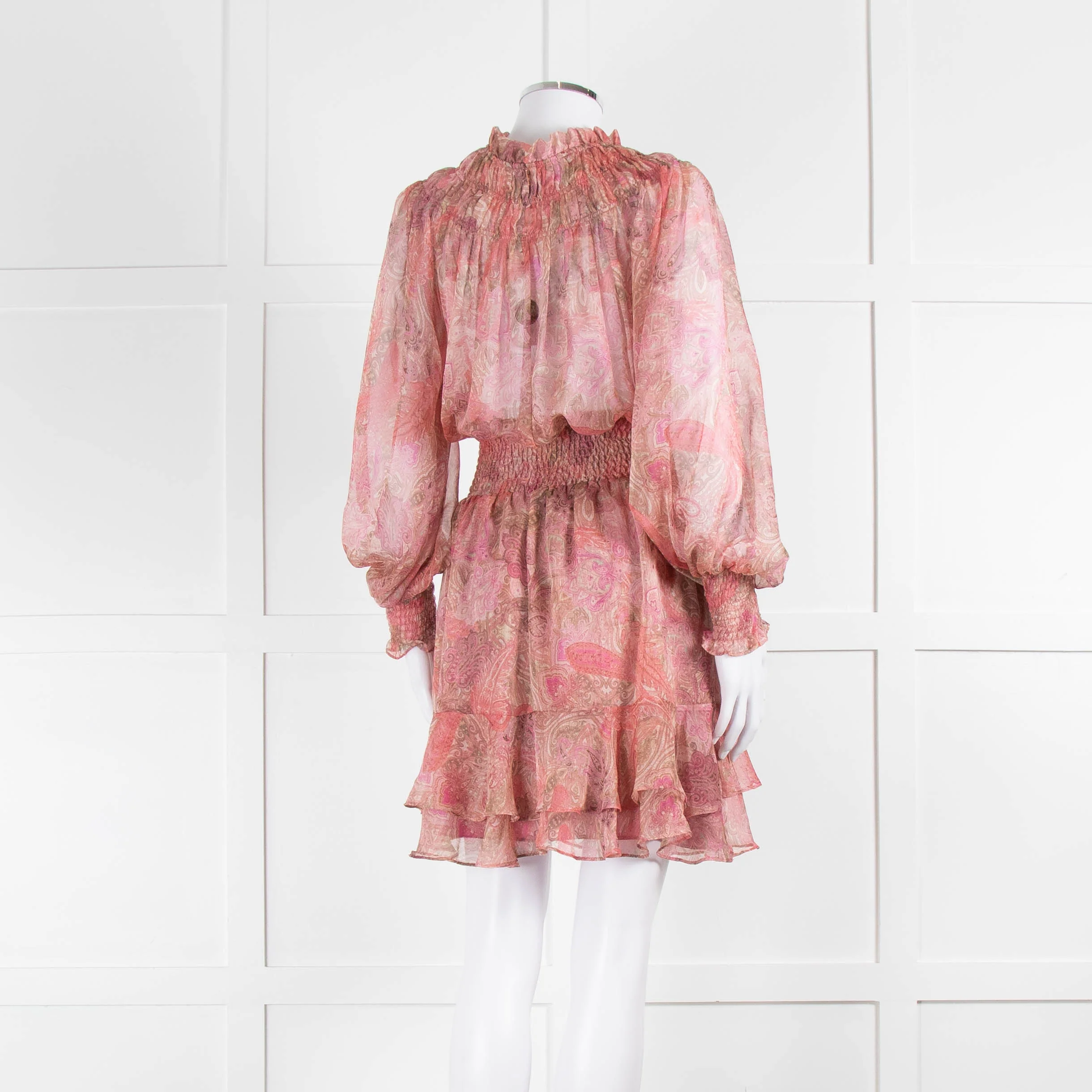 Misa Pink Peach Paisley Ruffle Hem Smocked Waist Mini Dress - Image 4