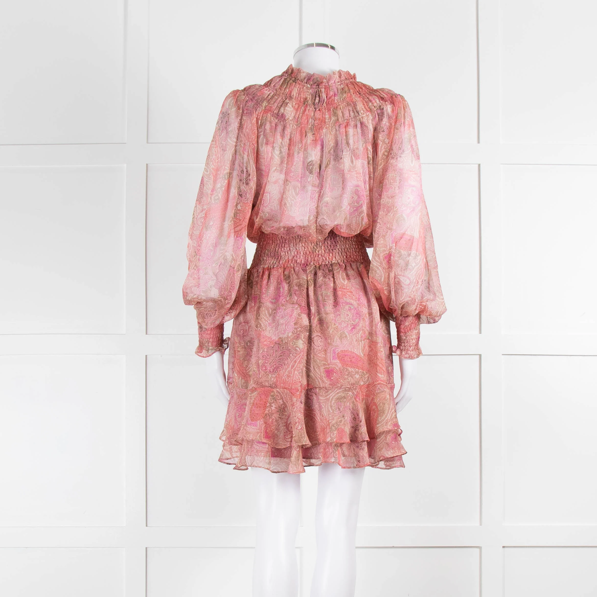 Misa Pink Peach Paisley Ruffle Hem Smocked Waist Mini Dress - Image 5
