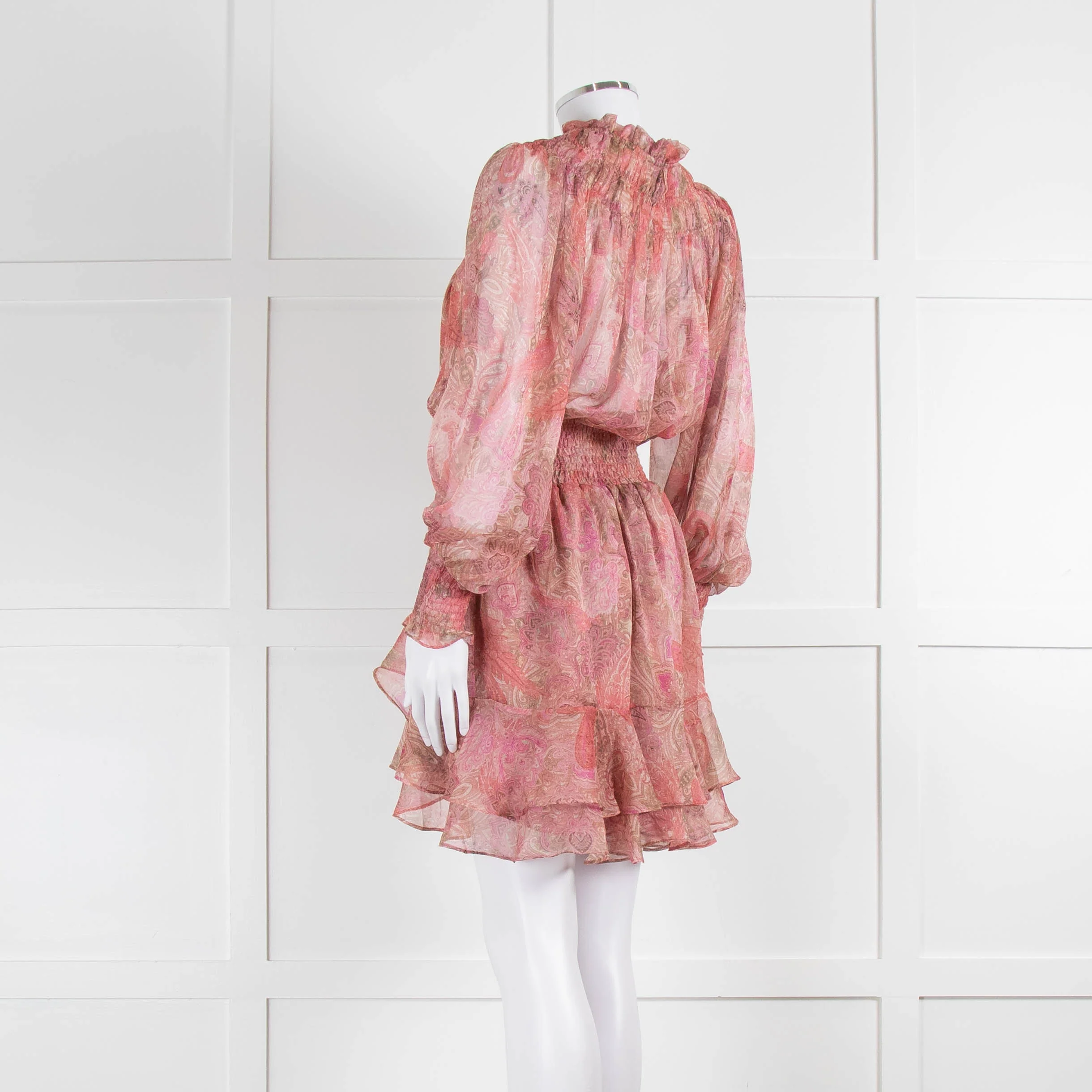 Misa Pink Peach Paisley Ruffle Hem Smocked Waist Mini Dress - Image 6