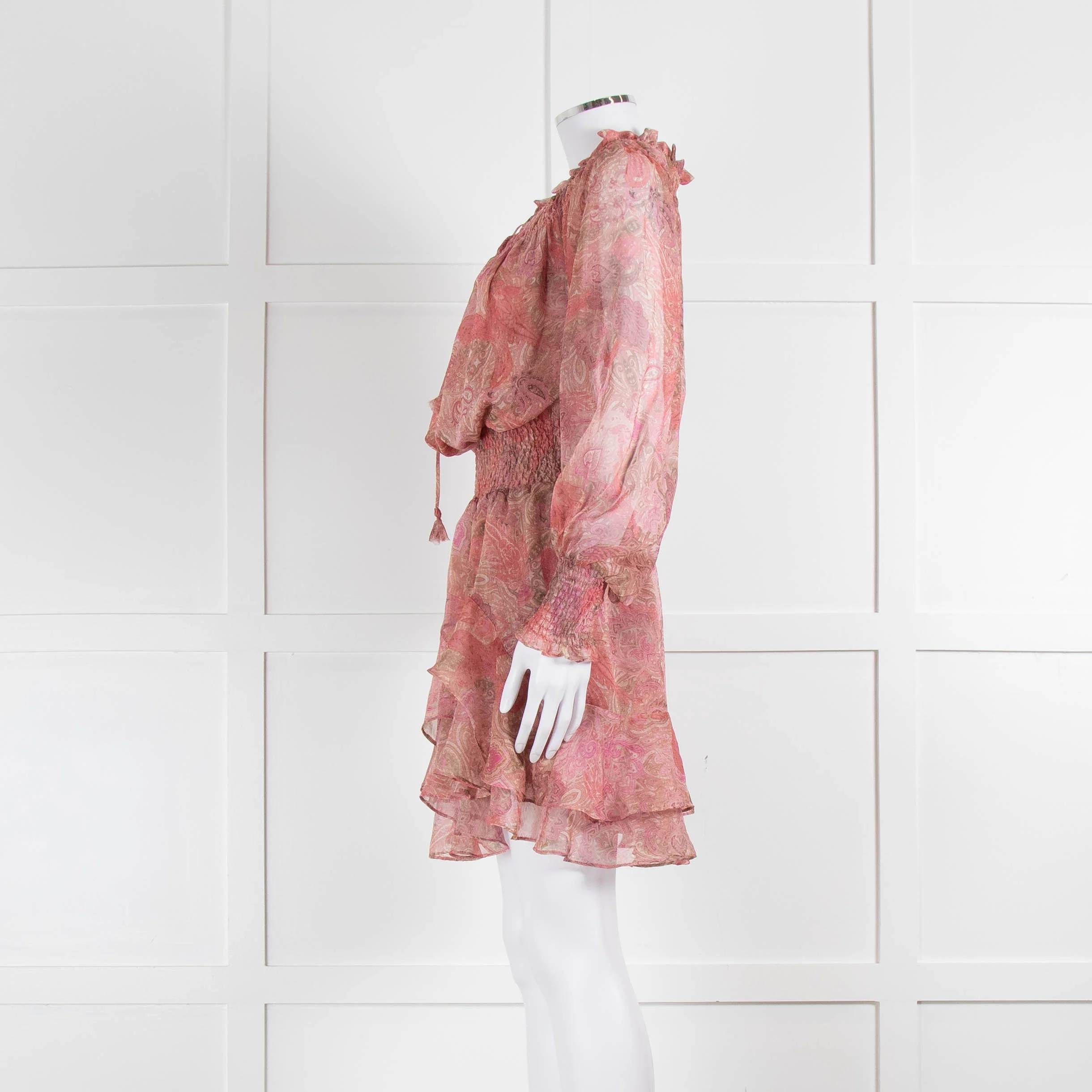 Misa Pink Peach Paisley Ruffle Hem Smocked Waist Mini Dress - Image 7