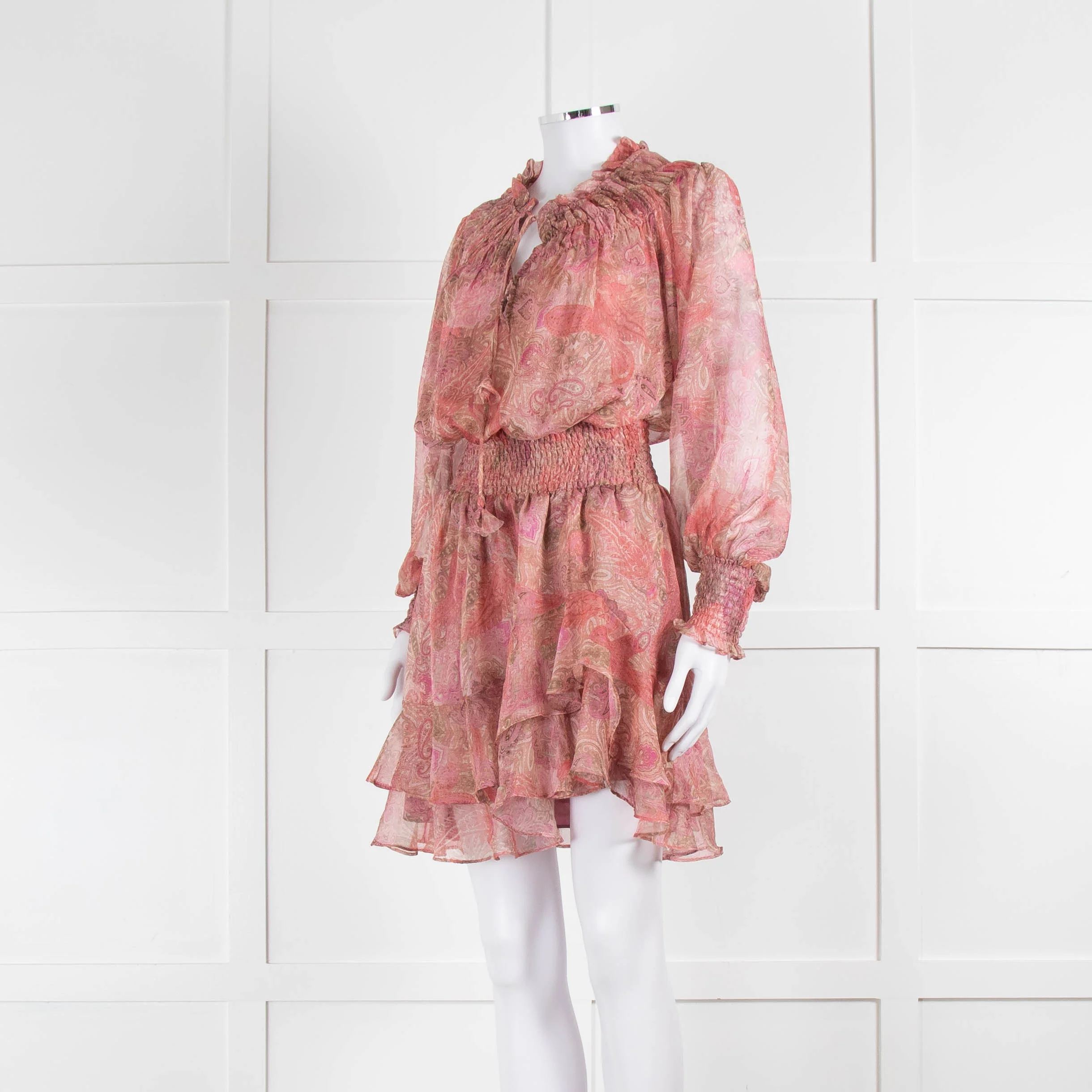 Misa Pink Peach Paisley Ruffle Hem Smocked Waist Mini Dress - Image 8