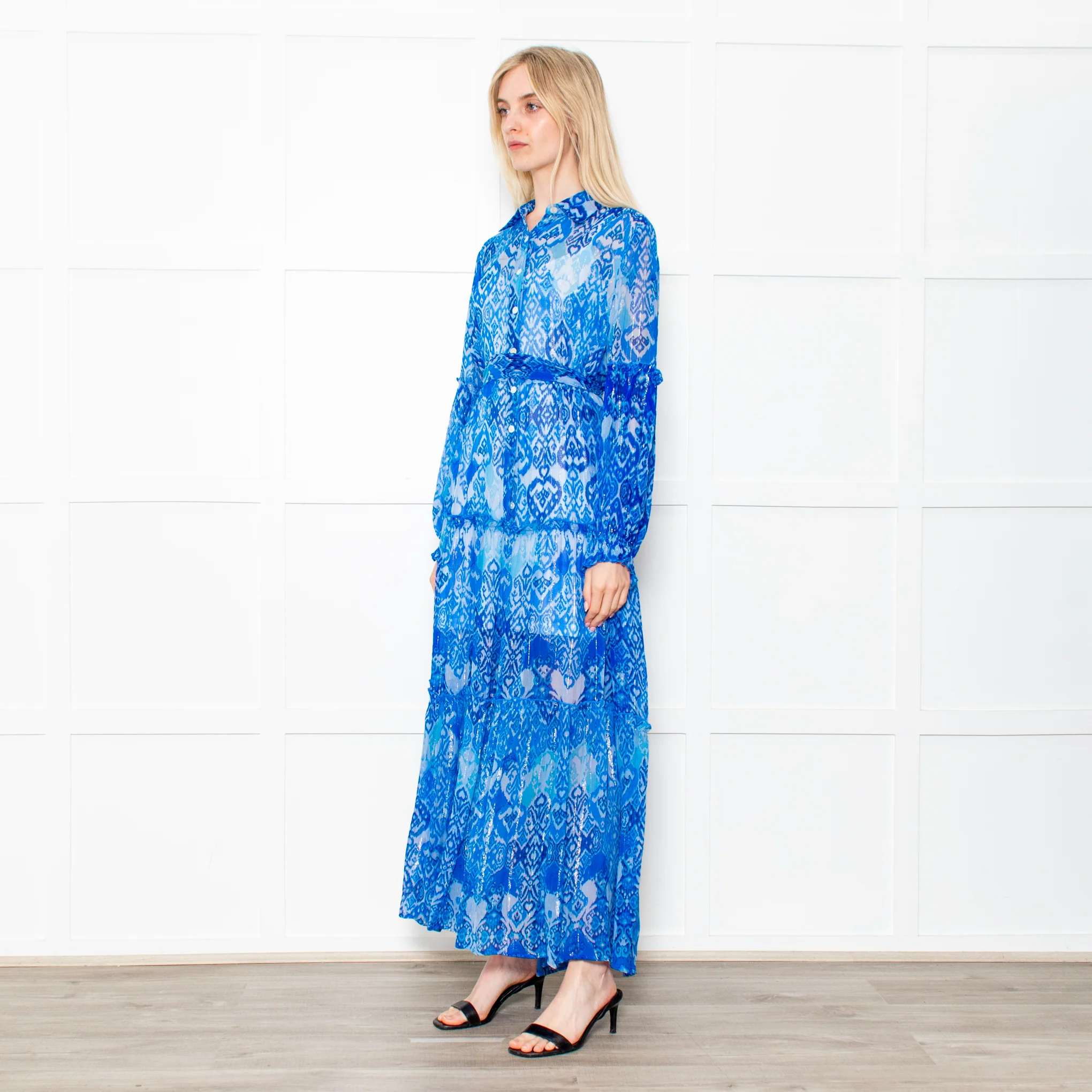 Miss June Blue Geometric Print Tie Waist Sheer Paris Maxi Shirt Dress with Silver Lurex - Image 3