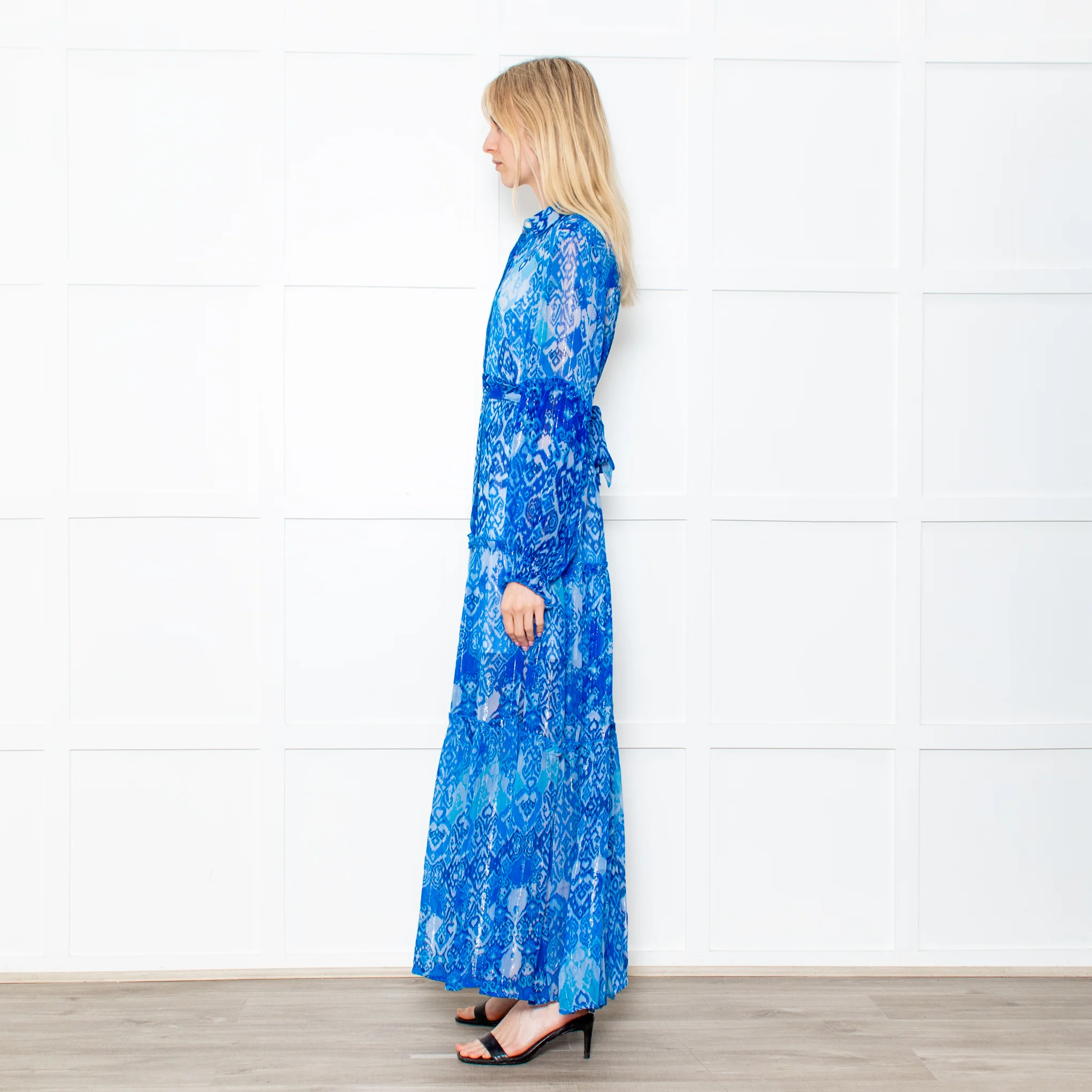 Miss June Blue Geometric Print Tie Waist Sheer Paris Maxi Shirt Dress with Silver Lurex - Image 4