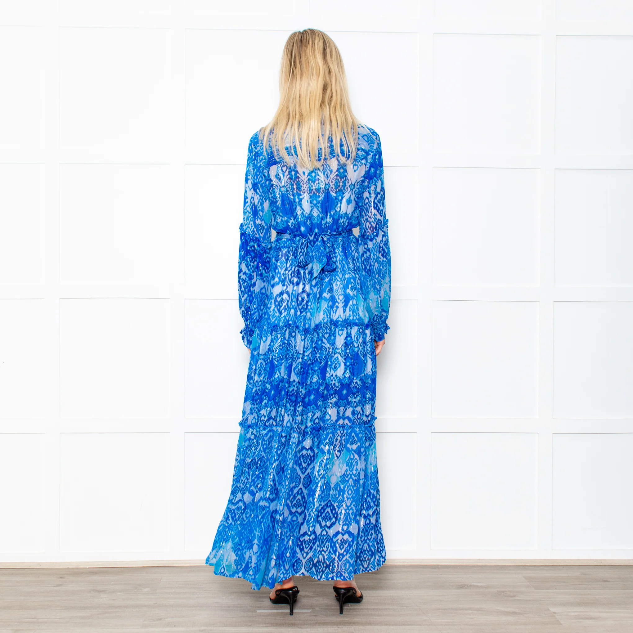 Miss June Blue Geometric Print Tie Waist Sheer Paris Maxi Shirt Dress with Silver Lurex - Image 5