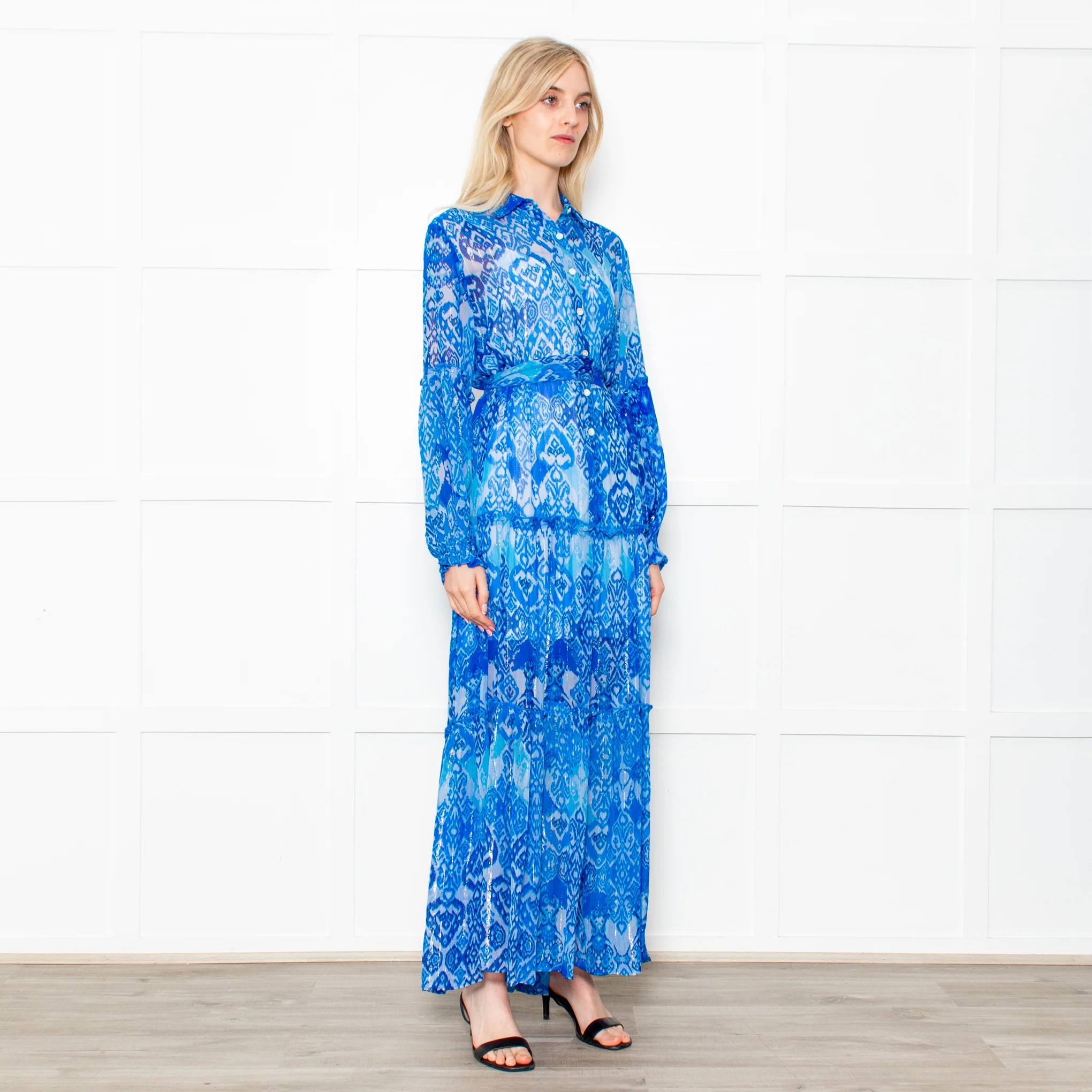 Miss June Blue Geometric Print Tie Waist Sheer Paris Maxi Shirt Dress with Silver Lurex - Image 7