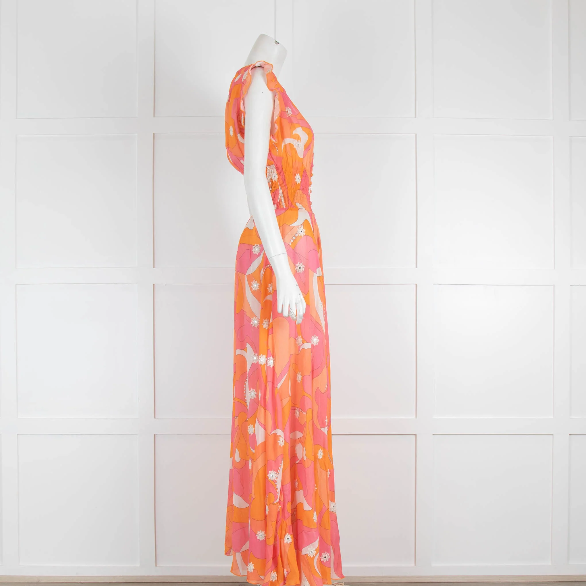 Miss June Orange & Pink Patterned Maxi Dress with Button Front - Image 3