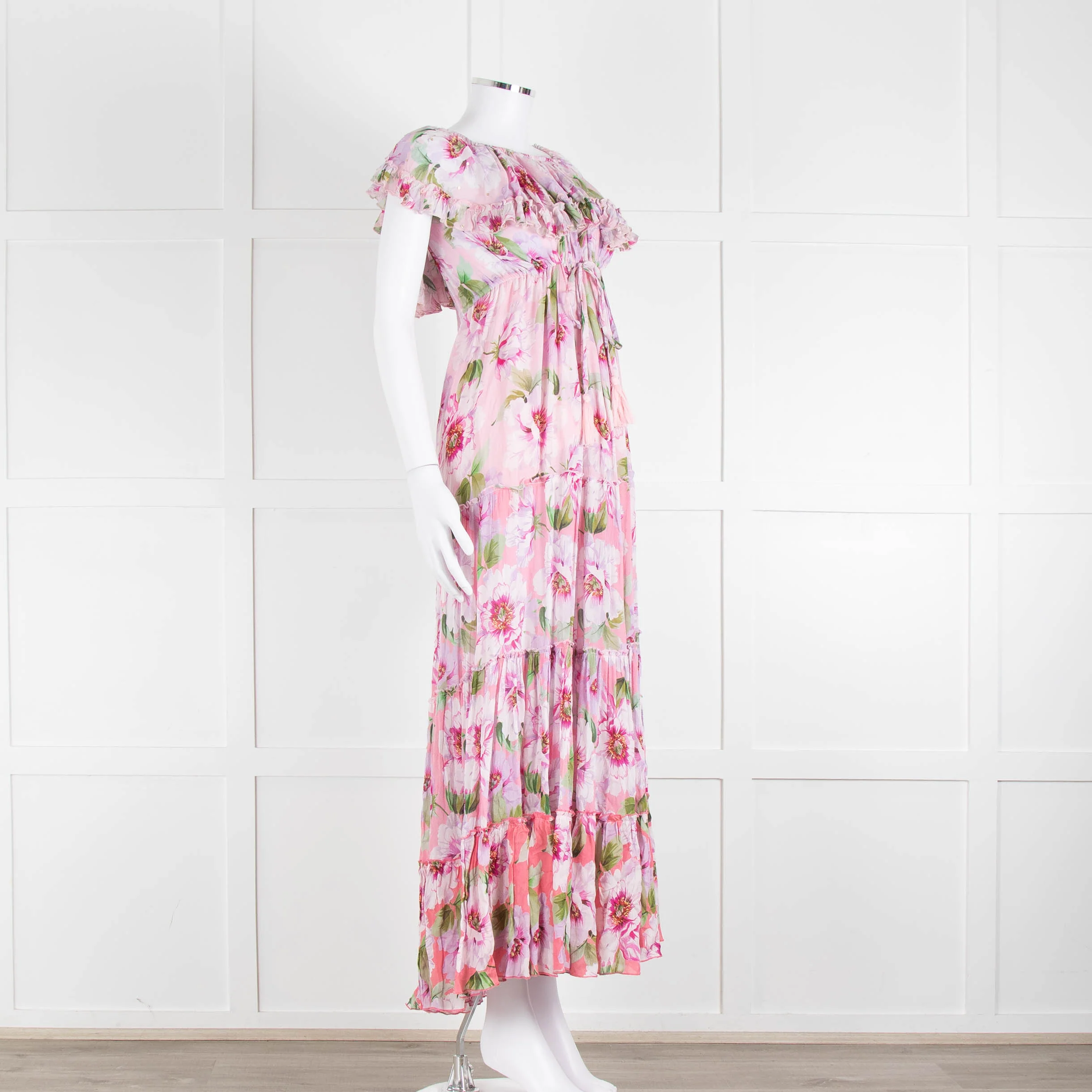 Miss June Pink Floral Frilled Off Shoulder Maxi Dress - Image 2