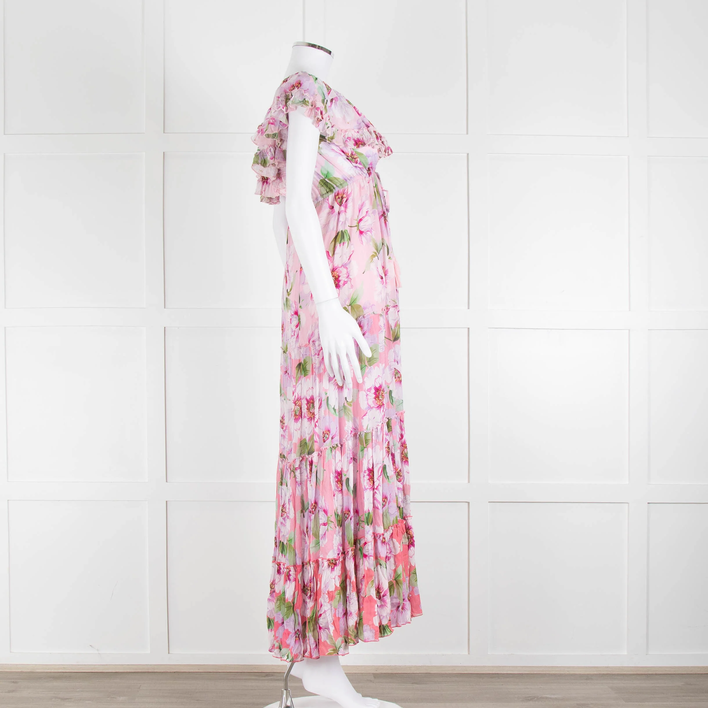 Miss June Pink Floral Frilled Off Shoulder Maxi Dress - Image 3