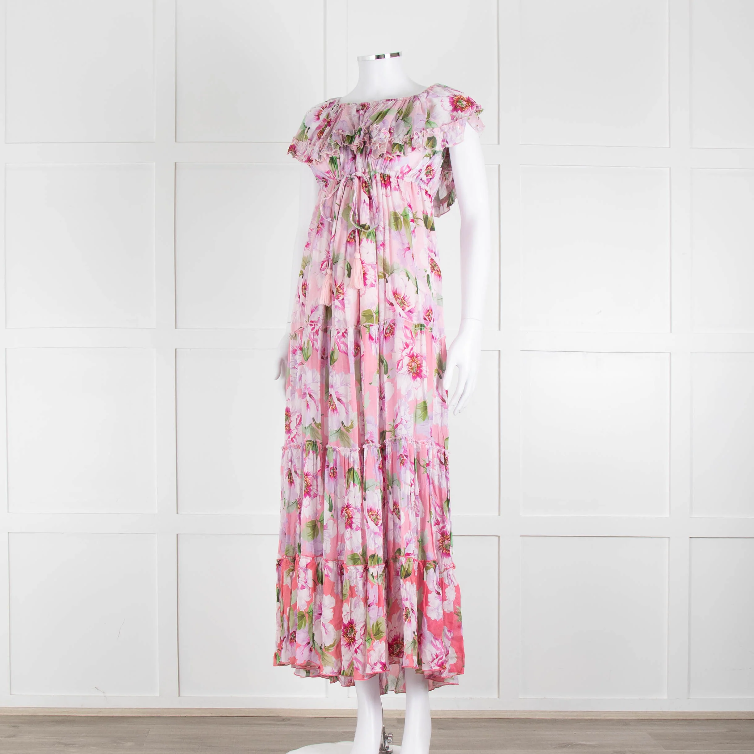 Miss June Pink Floral Frilled Off Shoulder Maxi Dress - Image 8