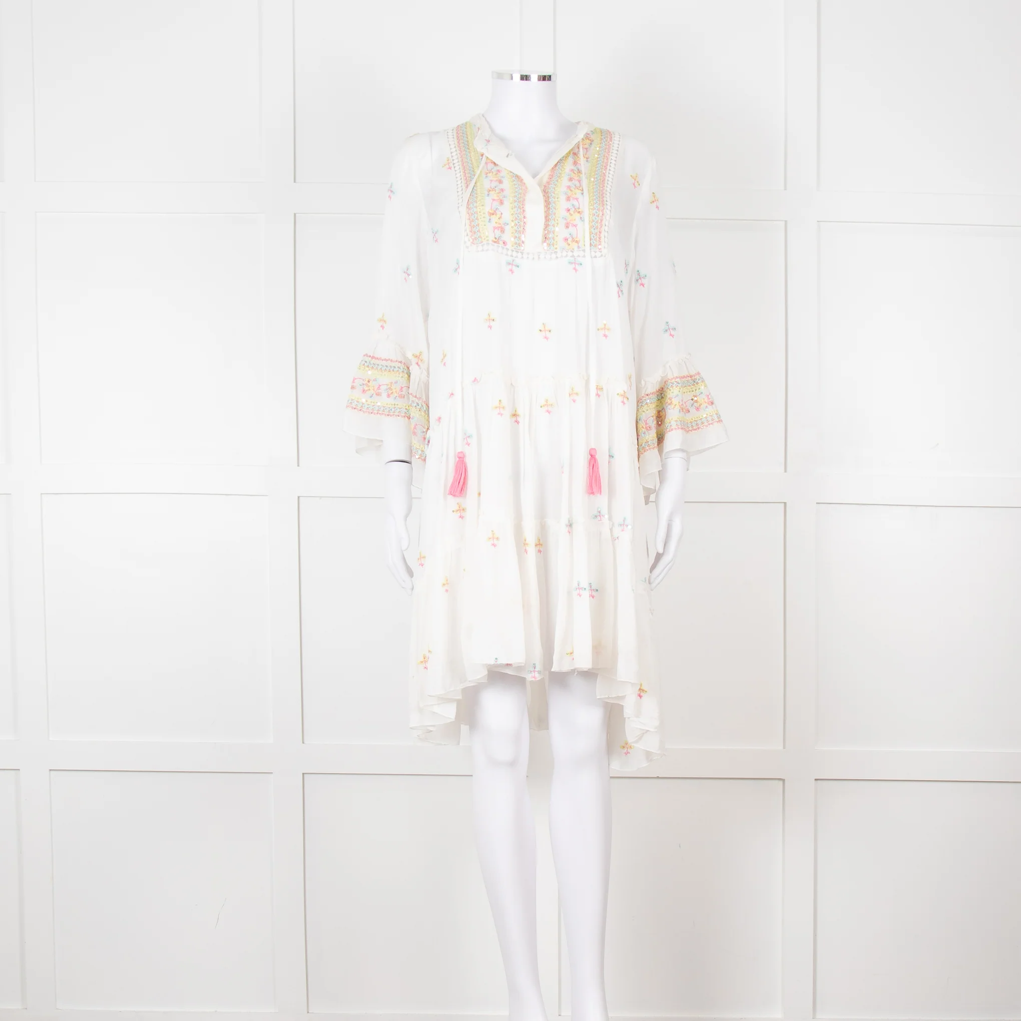 Miss June White Beach Dress with Pastel Embroidery