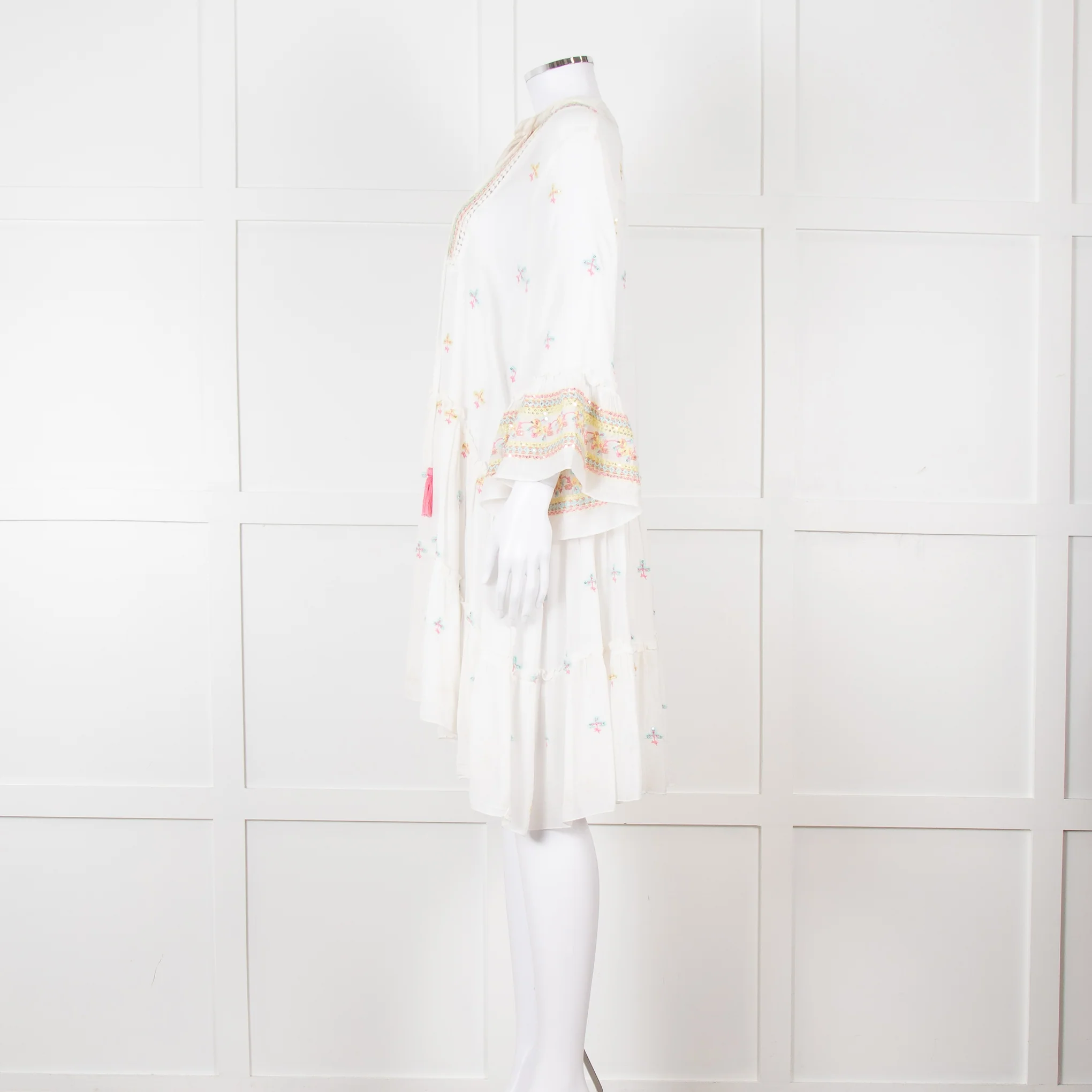Miss June White Beach Dress with Pastel Embroidery - Image 3