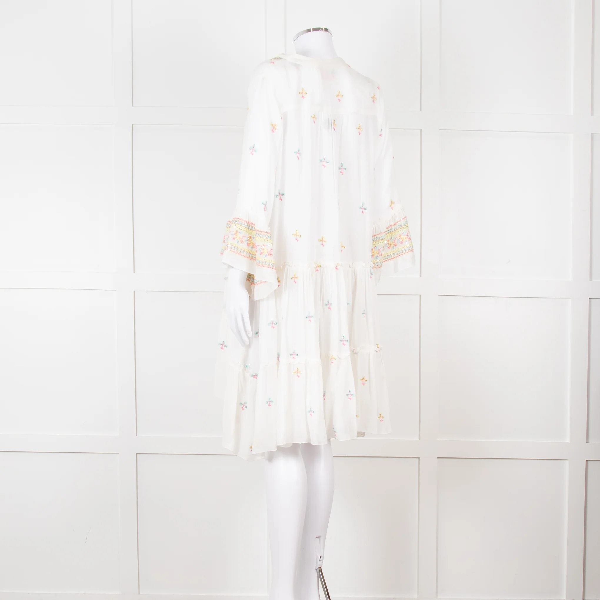 Miss June White Beach Dress with Pastel Embroidery - Image 4