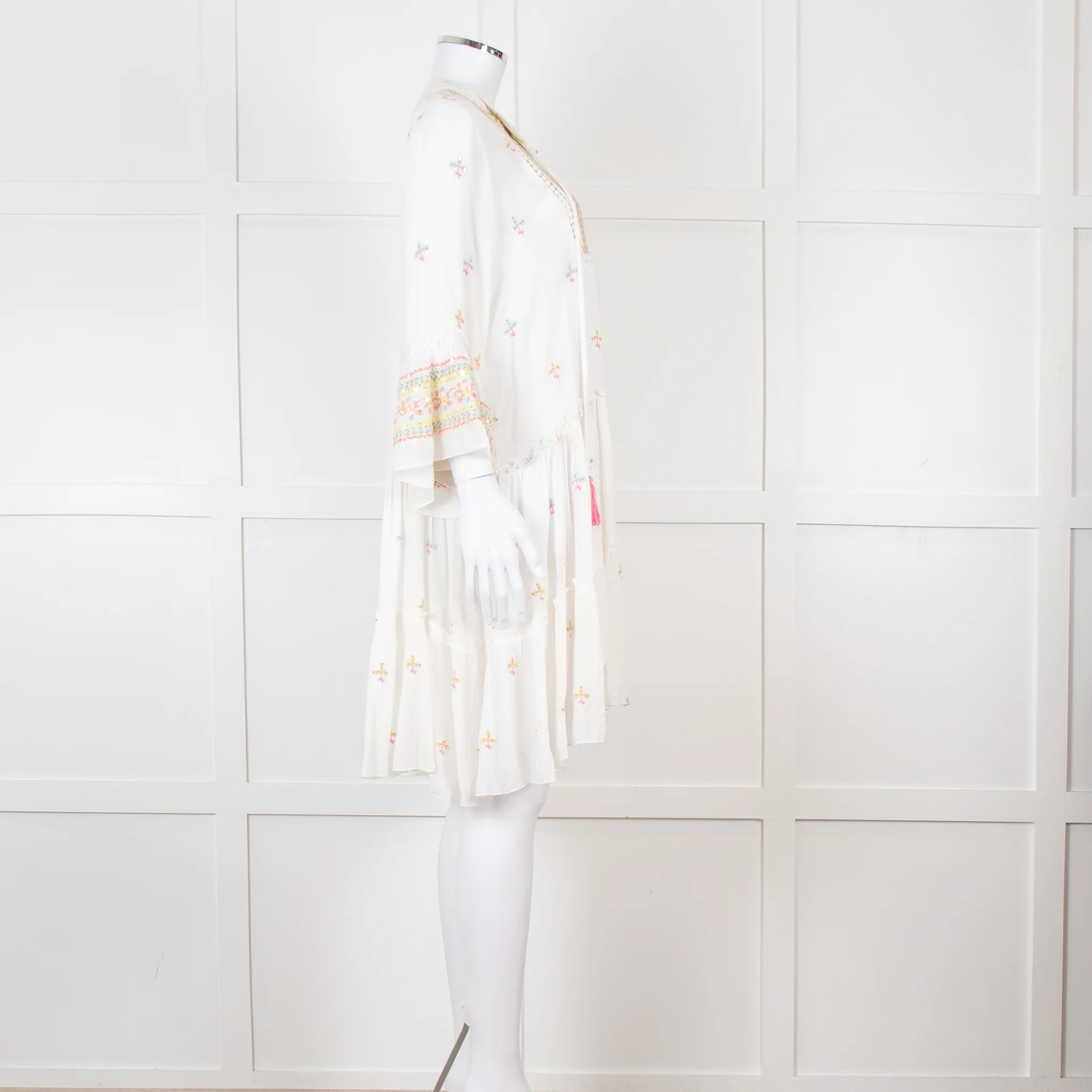 Miss June White Beach Dress with Pastel Embroidery - Image 7