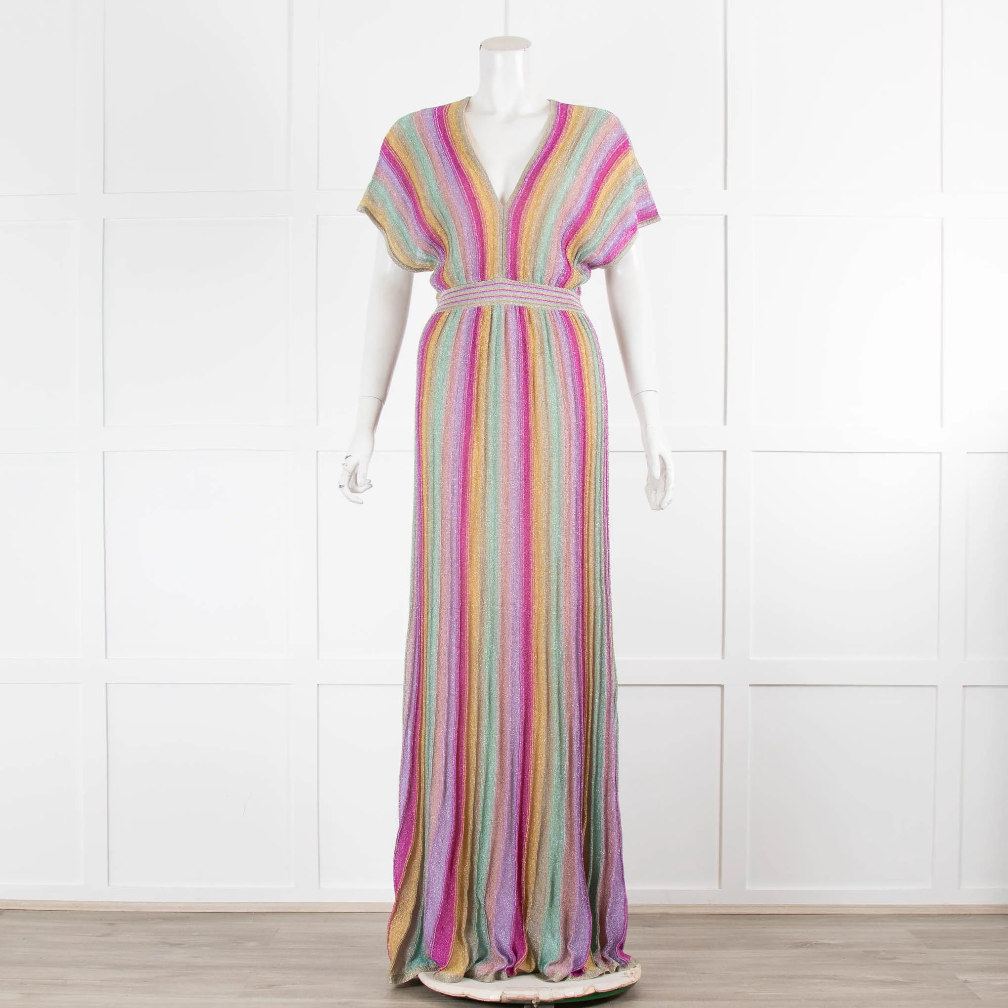 Missoni Collection Pale Pink Green Yellow Metallic Stripe Maxi Dress
