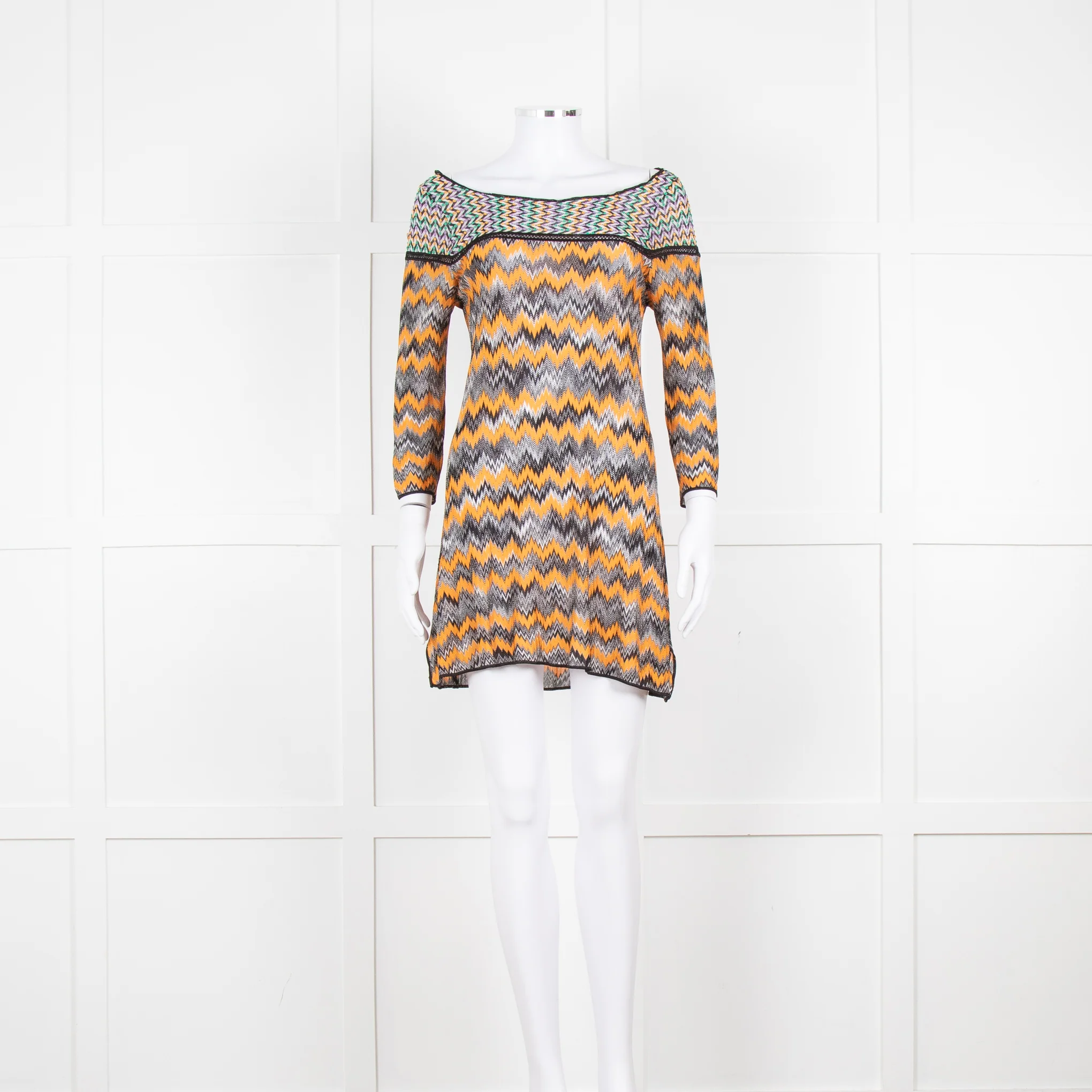 Missoni Orange Black Green Zig Zag Knitted Mini Dress